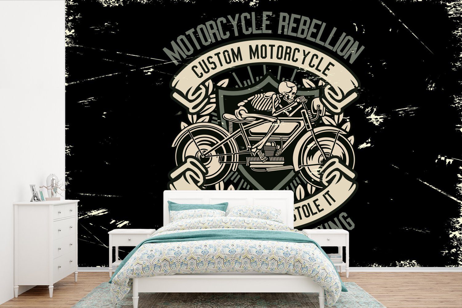 Fototapete - Motorrad Vinyl bedruckt, Schlafzimmer, Matt, St), - Kinderzimmer, MuchoWow für Skelett Wohnzimmer, (6 Vintage Zitat, - Tapete Wallpaper