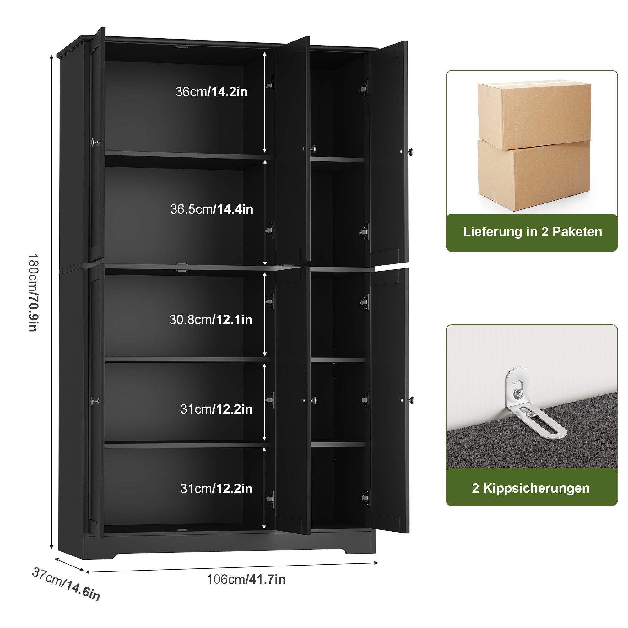 Homfa Mehrzweckschrank Küchenschrank Drehtürenschrank Kleiderschrank mit 6 Türen, Breite 106 cm, Höhe 180 cm, Schwarz
