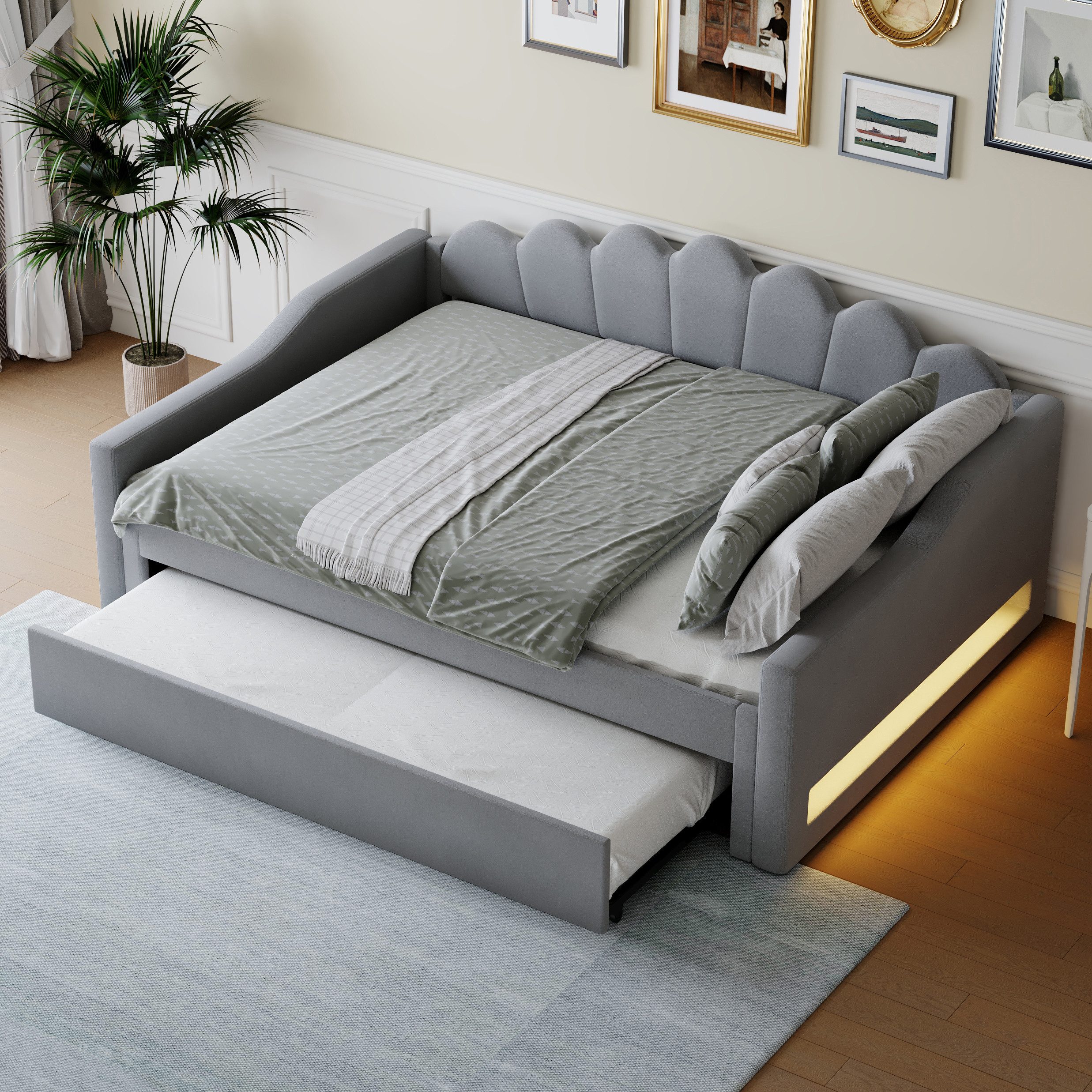 Merax Daybett mit LED- Beleuchtung & blütenförmigem Kopfteil (Kinderbett Polsterbett Jugendbett, 1 tlg), Schlafsofa Tagesbett 140x200cm mit Ausziehbett 90x190cm, Samt
