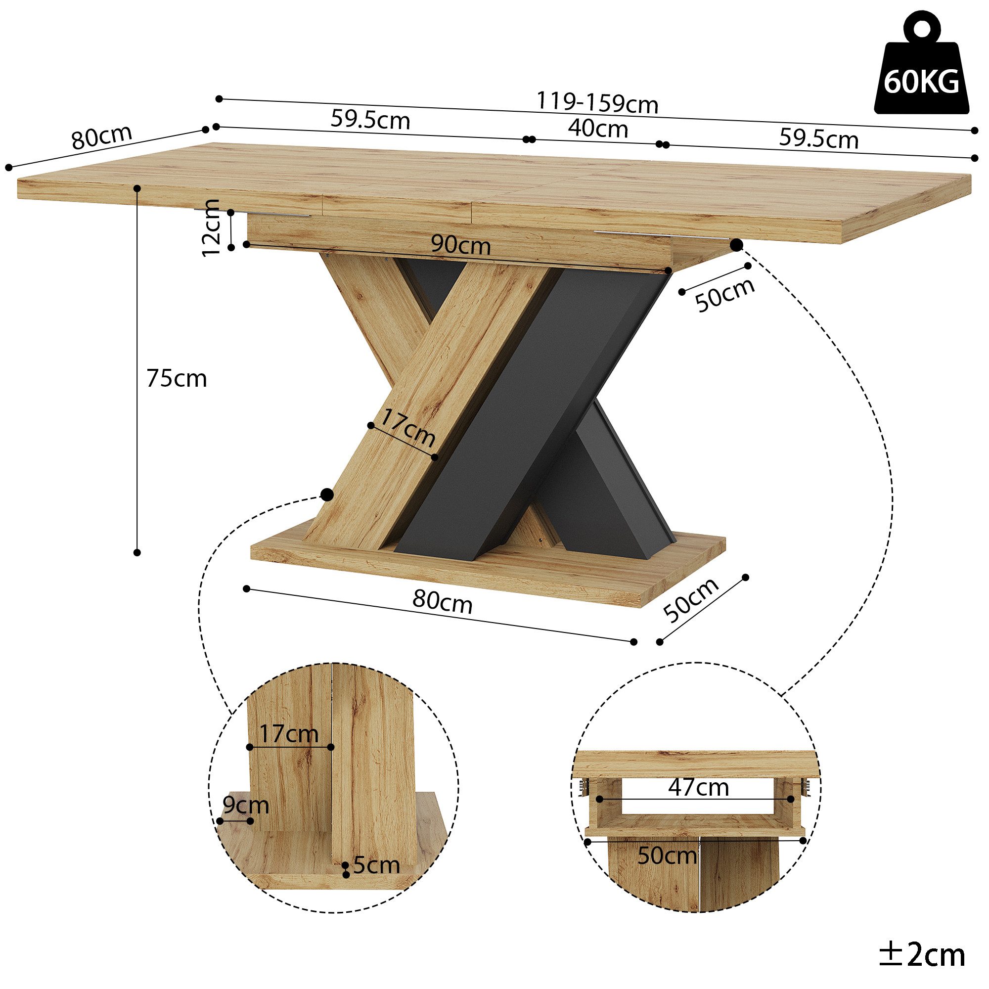 Flieks Esstisch ausziehbarer Küchentisch (Länge119-159x80x75 cm, 1-St., 1 Tisch), rechteckiger Tisch erweiterbar Schreibtisch Arbeitstisch Holzoptik – Bild 5 von 5
