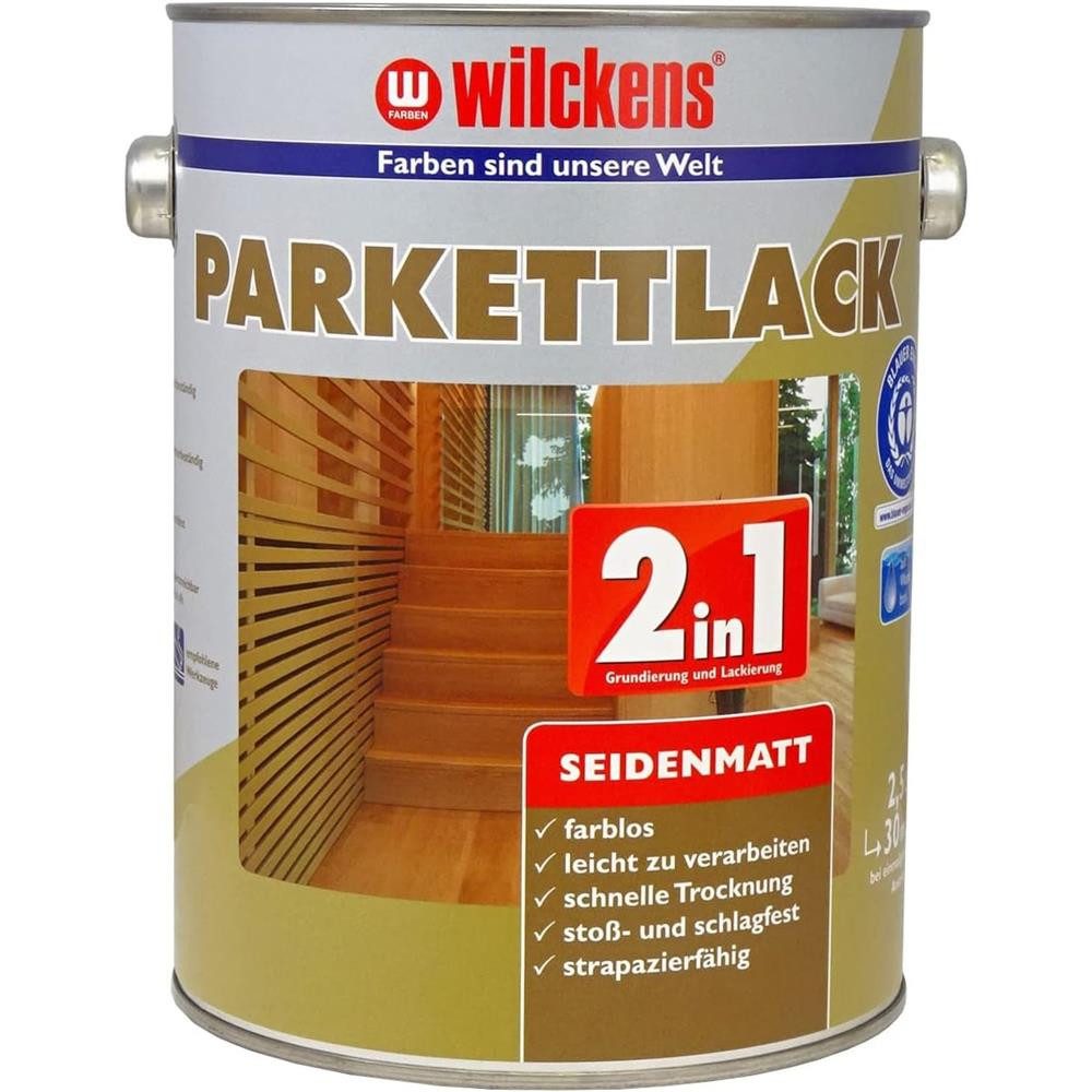 Wilckens Farben Treppen- und Parkettlack Parkettlack 2in1 seidenmatt Farblos 750ml oder 2,5L Klarlack, 2-in-1-Lack für Parkett, Holzfußböden, Treppen & Möbel