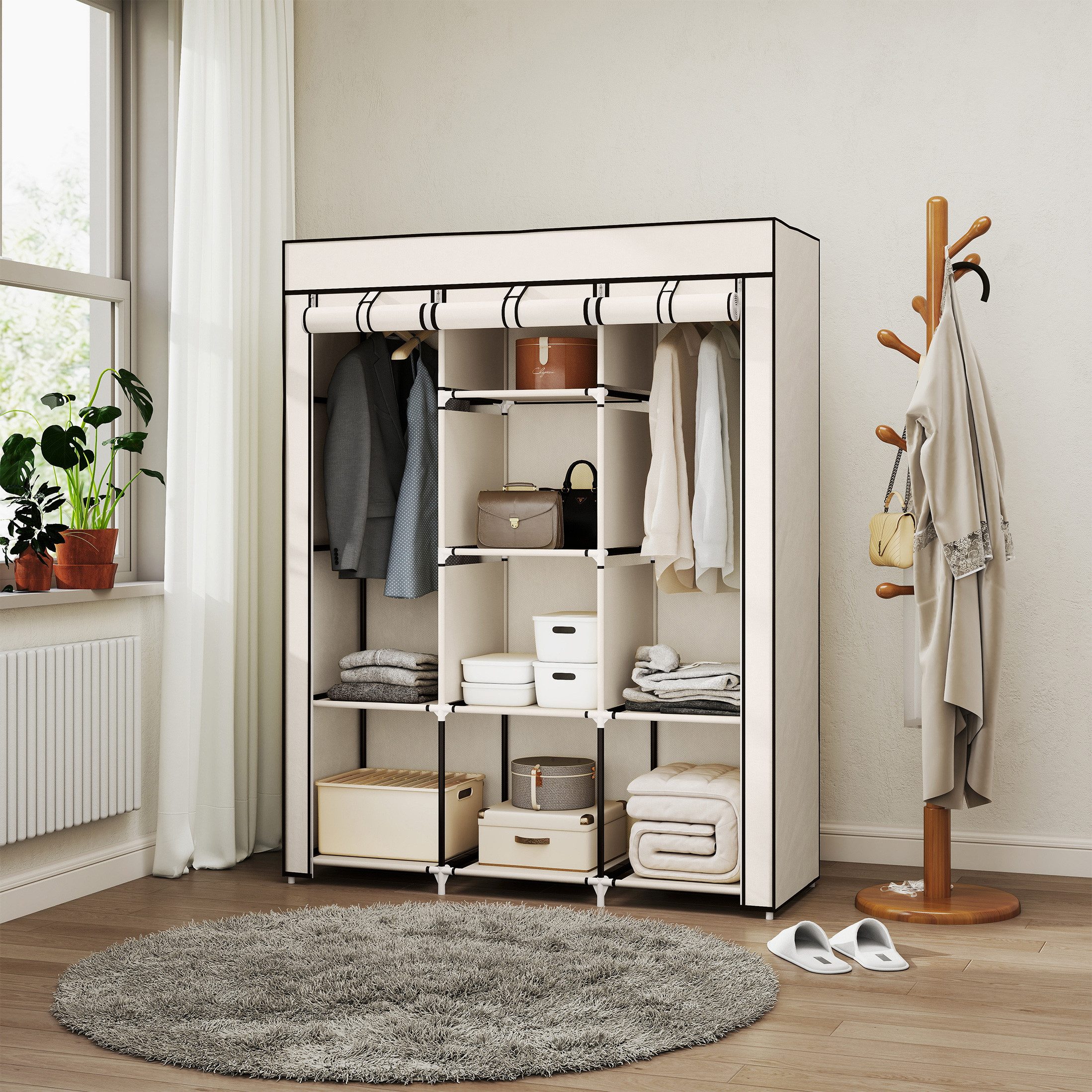 HOMCOM Stoffschrank Faltschrank für Schlafzimmer, Ankleidezimmer, 125x43x162,5cm (Faltschrank, 1-St., Faltbare Garderobe für Schlafzimmer) Vliesstoff, Cremeweiß, 125 x 43 x 162,5 cm