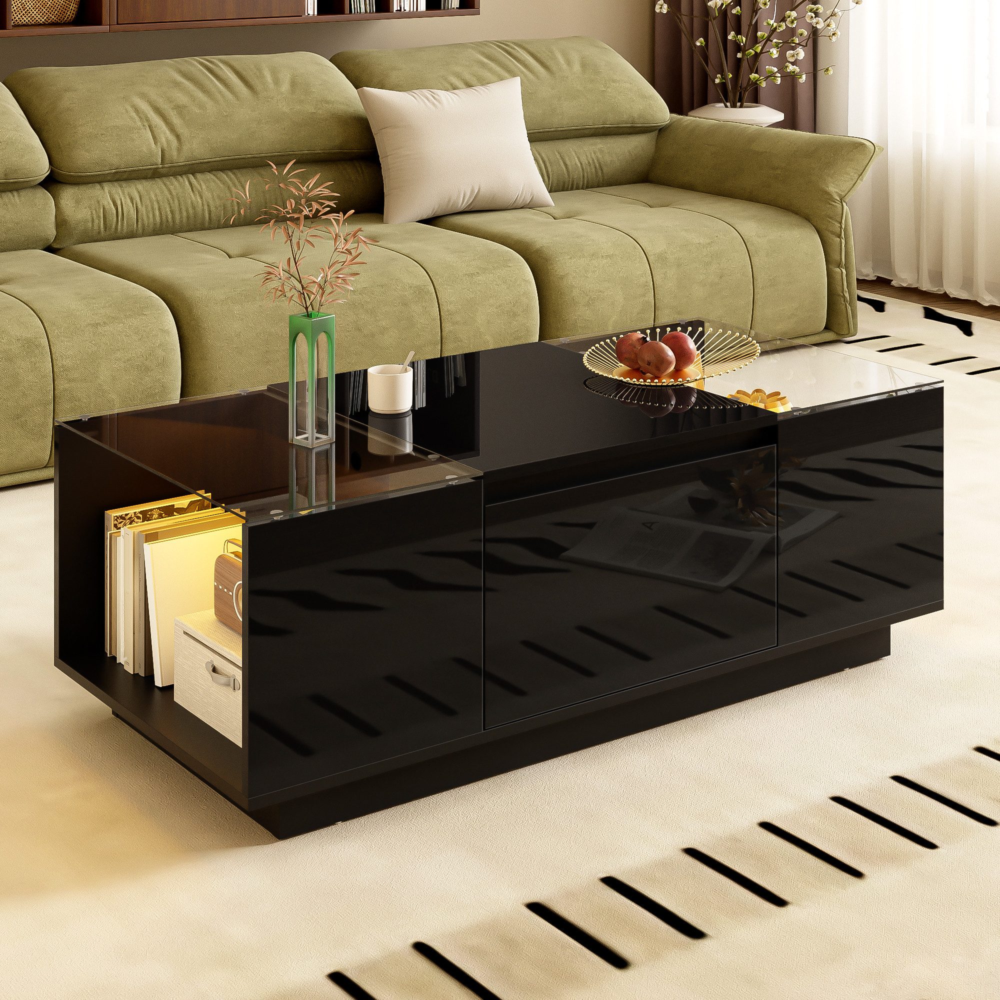 Furnishings Home Couchtisch LED Arbeitstisch Ablagetisch (105 x 50 x 35 cm), Mit LED-Beleuchtung, 2 Schubladen, Glasplatte