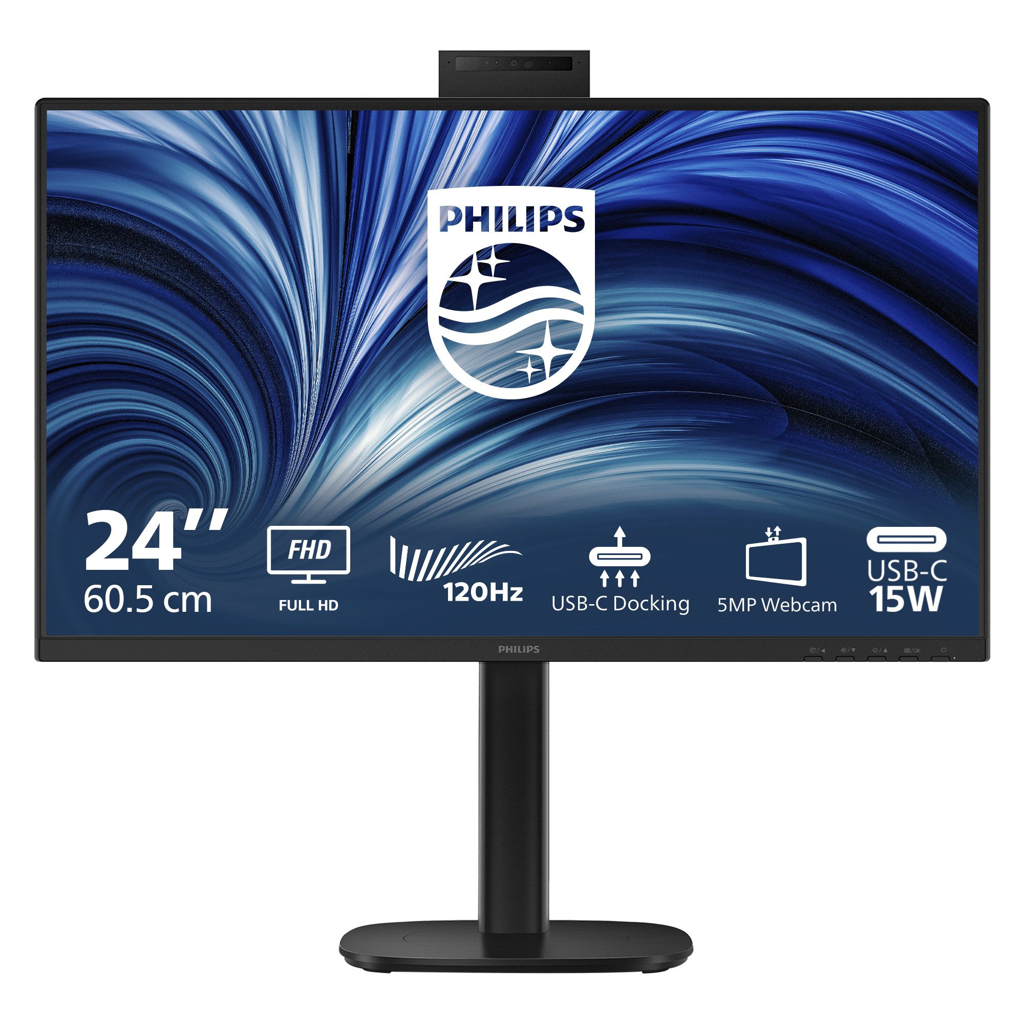 Philips TFT 24B2U3301H 60.5cm IPS 23.8/1920x1080/DP/HDMI/USB-C/Webcam TFT-Monitor (1920 x 1080 px, Full HD, 4 ms Reaktionszeit, 120 Hz, IPS, Eingebautes Mikrofon, Kamera, Lautsprecher, HDCP, Höhenverstellbar)