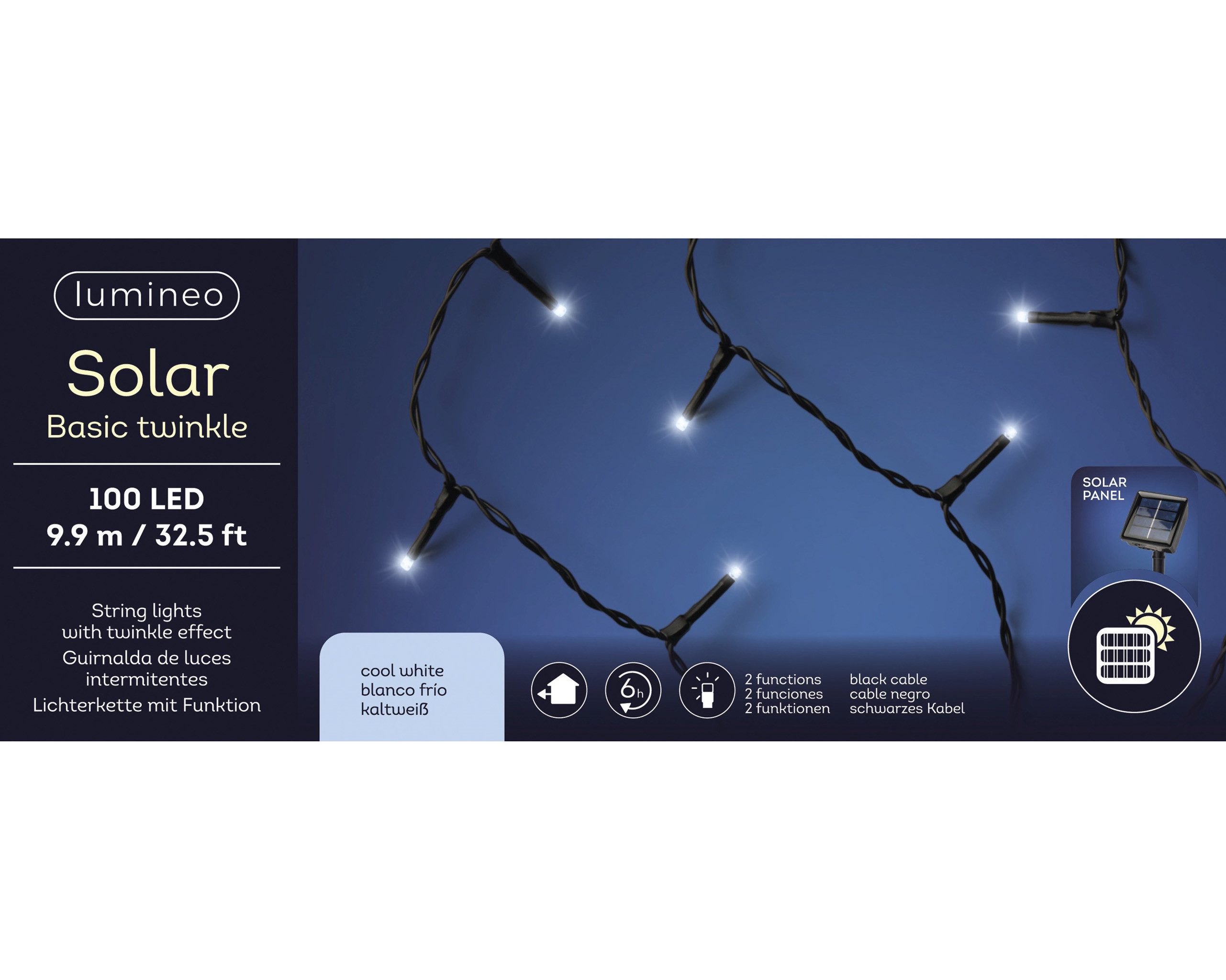 Lumineo LED-Lichterkette, Solar LED Lichterkette 9,9m Kunststoff 100 LEDs Kaltweiß / Schwarz
