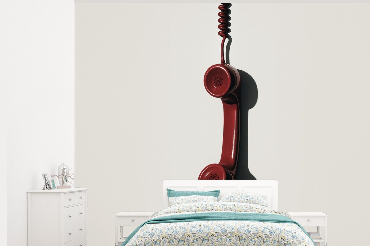 MuchoWow Fototapete Telefon - Kabel - Rot - Minimalistisch, Matt, bedruckt, Montagefertig Vinyl Tapete, Wandtapete, 325x260 cm