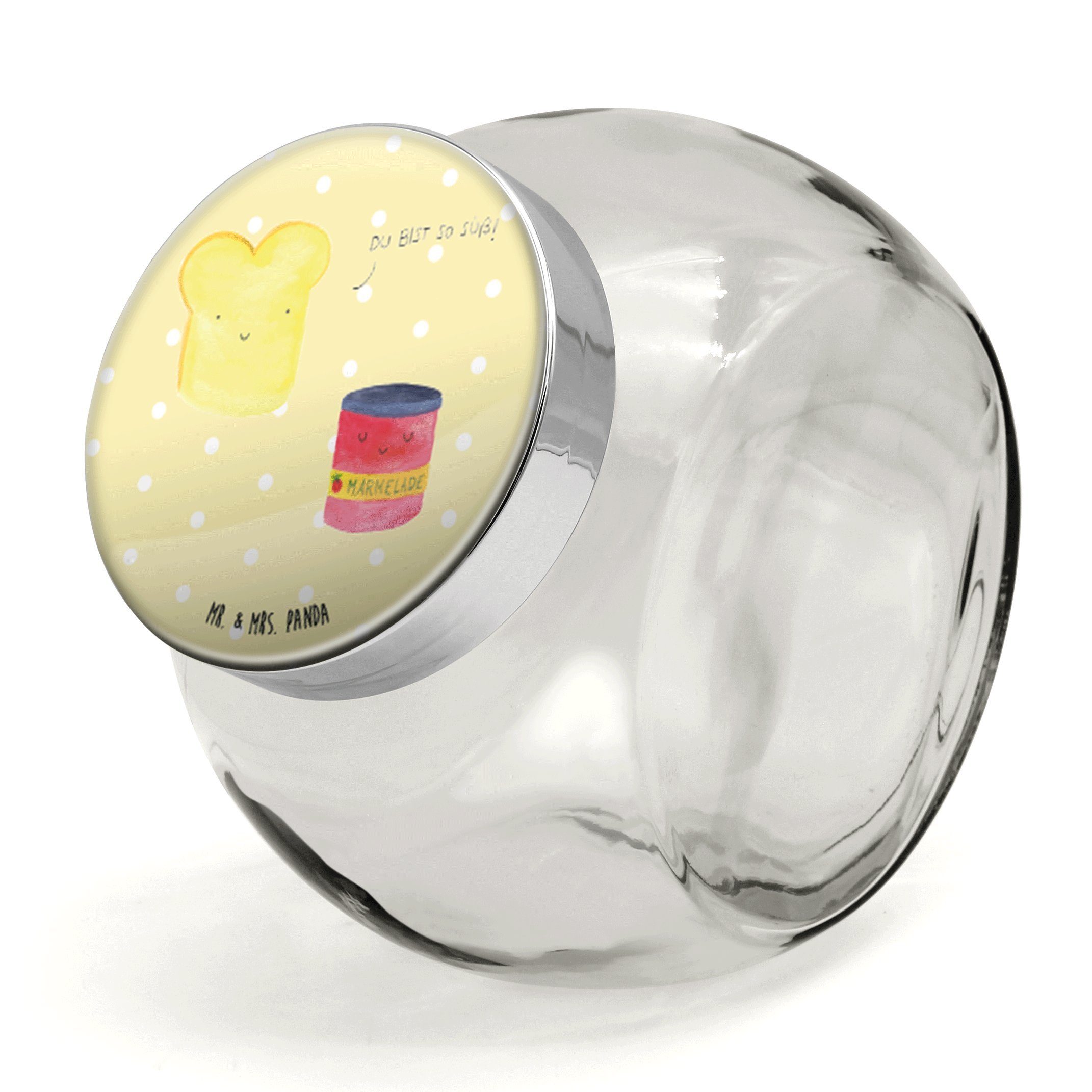 Mr. & Mrs. Panda Vorratsglas XL 2000ml Toast Marmelade - Gelb Pastell - Geschenk, Tiermotive, Snac, Premium Glas, (1-tlg), Hochwertiger Druck