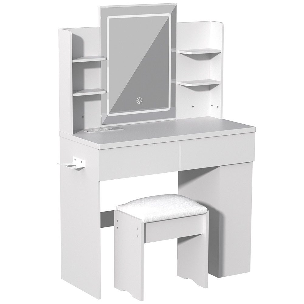 GLIESE Schminktisch mit Spiegel, Hocker, LED 3-Farben Touch-Dimmbares Licht (1-St., Frisierkommode, Schminkhocker), 2 Steckdosen + 2 USB, Fönhalter, für Schlafzimmer