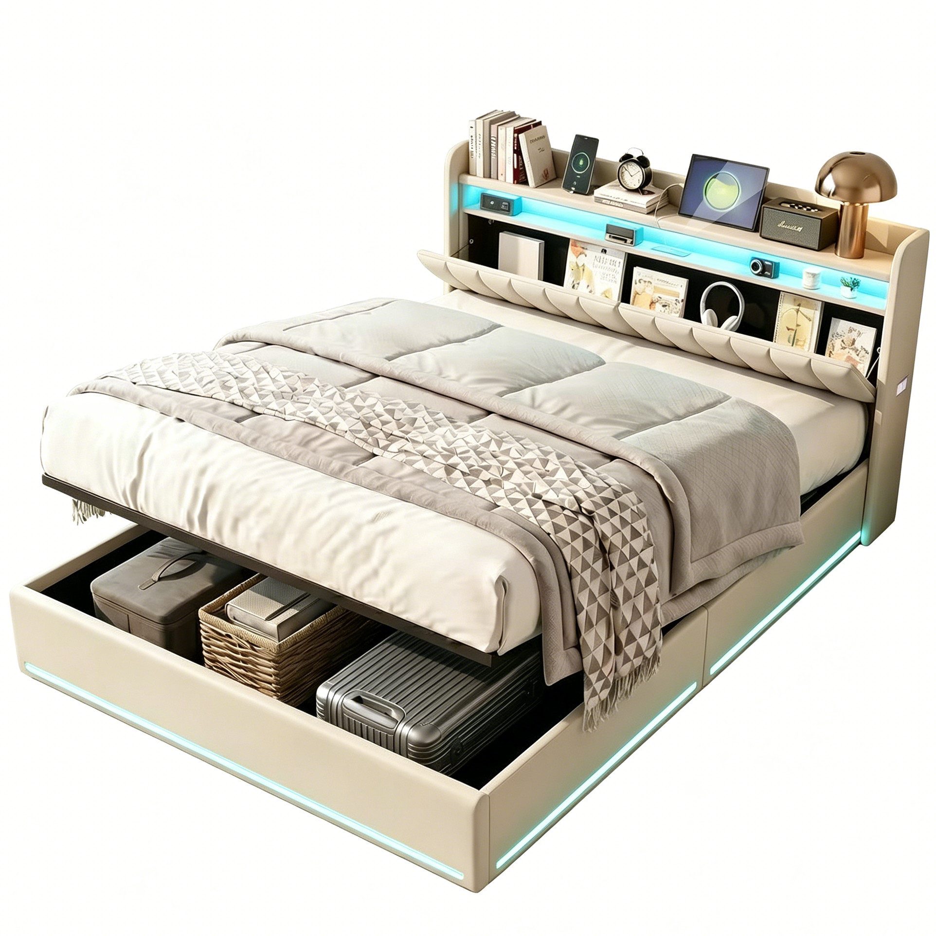 Gdood Polsterbett Stauraumbett Doppelbett LED (Type-C + USB, Hydraulisch hebbarer Stauraum), Mit Bettkasten, LED-Beleuchtung, USB-Anschluss, 140x200 cm – Bild 4 von 5