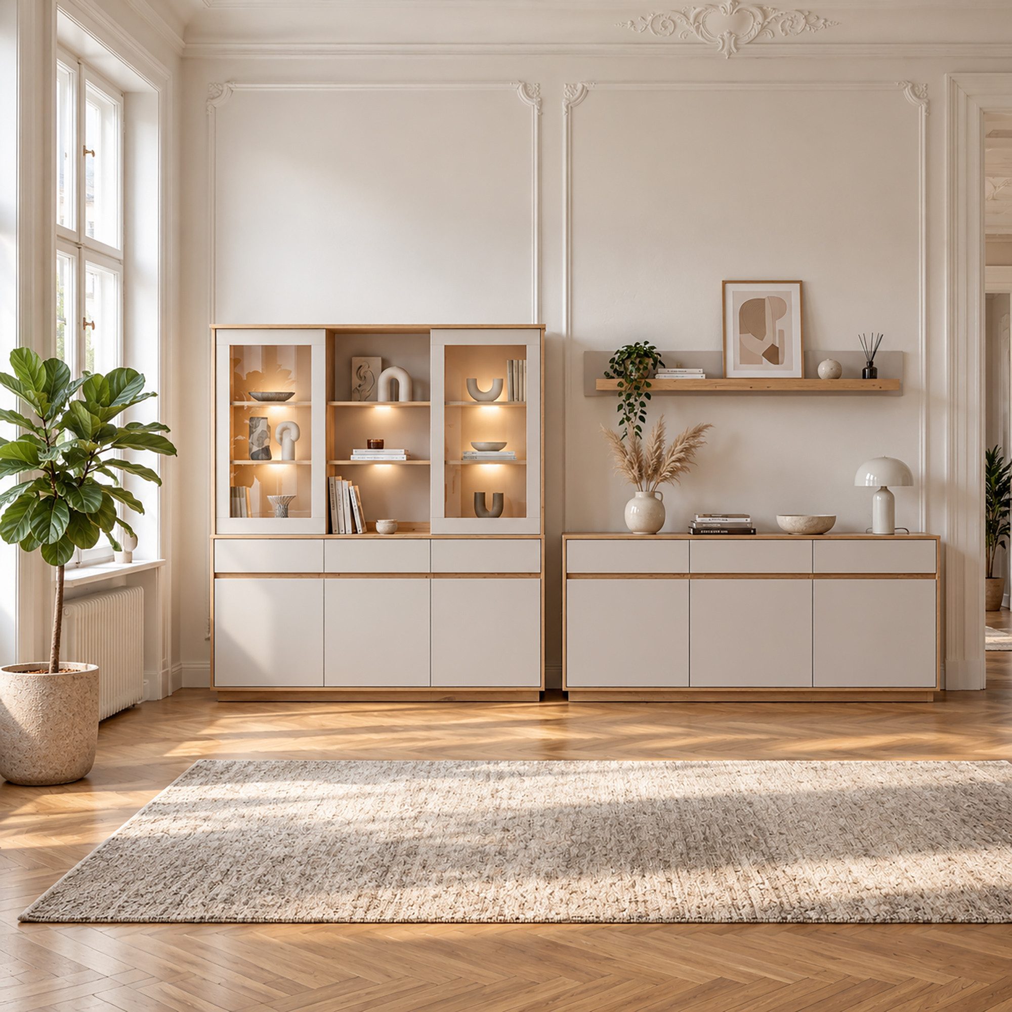 Lomadox Wohnzimmer-Set SITTEN-61, (Mega-Spar-Set, 3-St., Sideboard Wandboard Buffetschrank), Eiche mit Kaschmir Beige, inkl. Beleuchtung, Softclose Türen