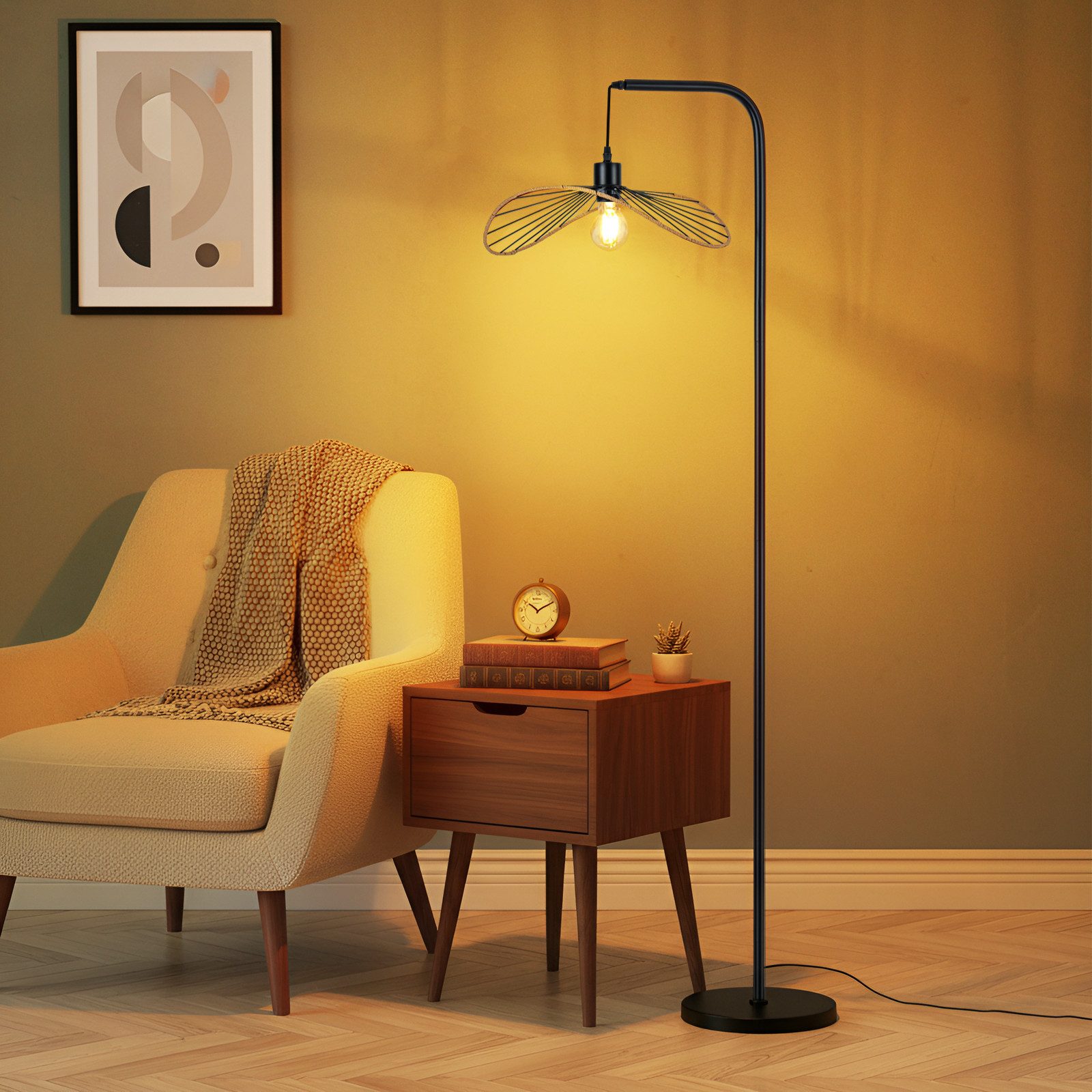 Nettlife Stehlampe Schwarz Vintage Bogenlampe Fußschalter Leselampe aus Metall E27, ohne Leuchtmittel, für Wohnzimmer Schlafzimmer Büro