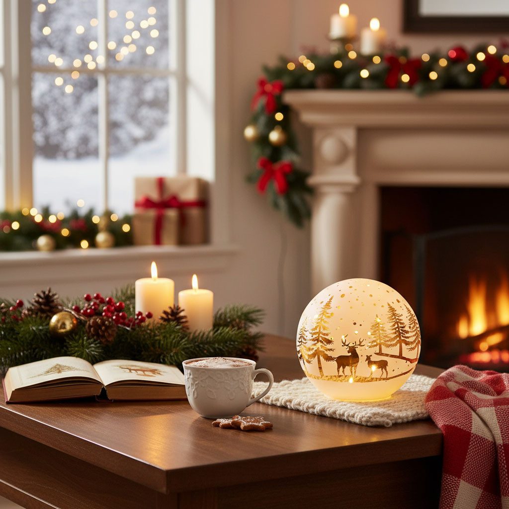 Levandeo® Nachttischlampe, LED Deko Kugel 15cm Weiß Glas Weihnachtsdeko Winterland Tischdeko