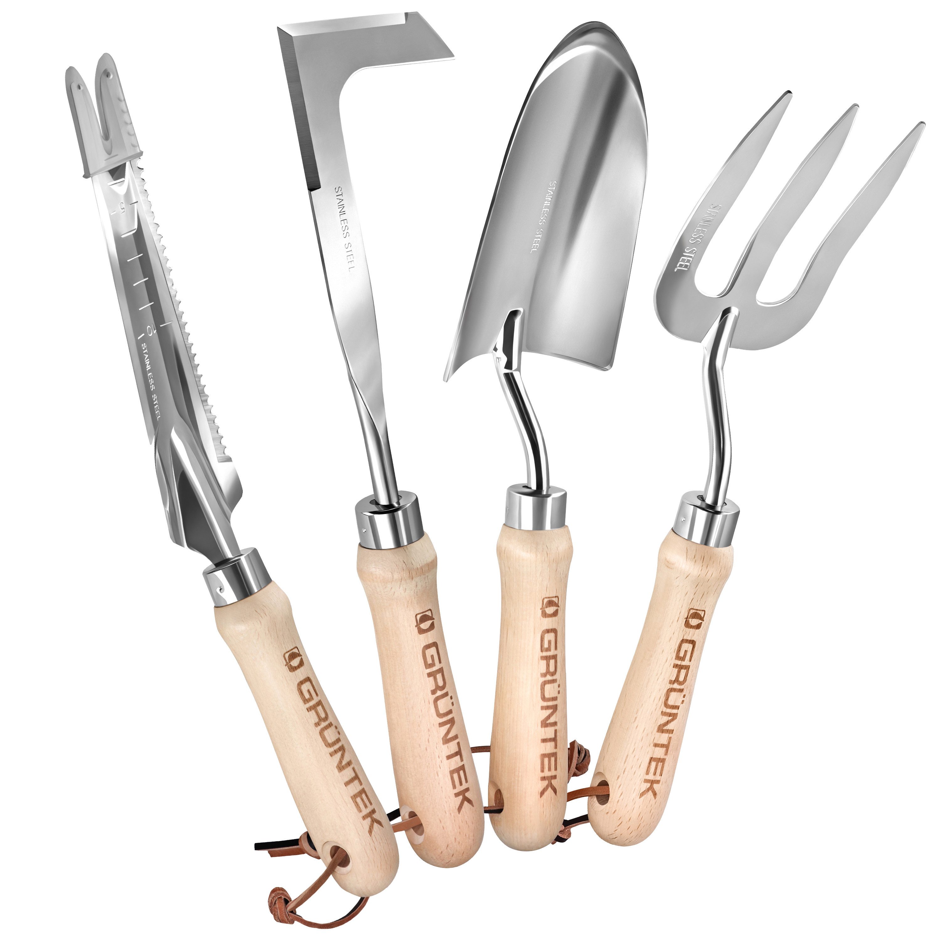 GRÜNTEK Gartenpflege-Set 4-TLG Gartenwerkzeug-Set, Premium Gartengeräte, ‎Verschleißfest, Tragbar, Ergonomisch, Rostbeständig, Rutschfest