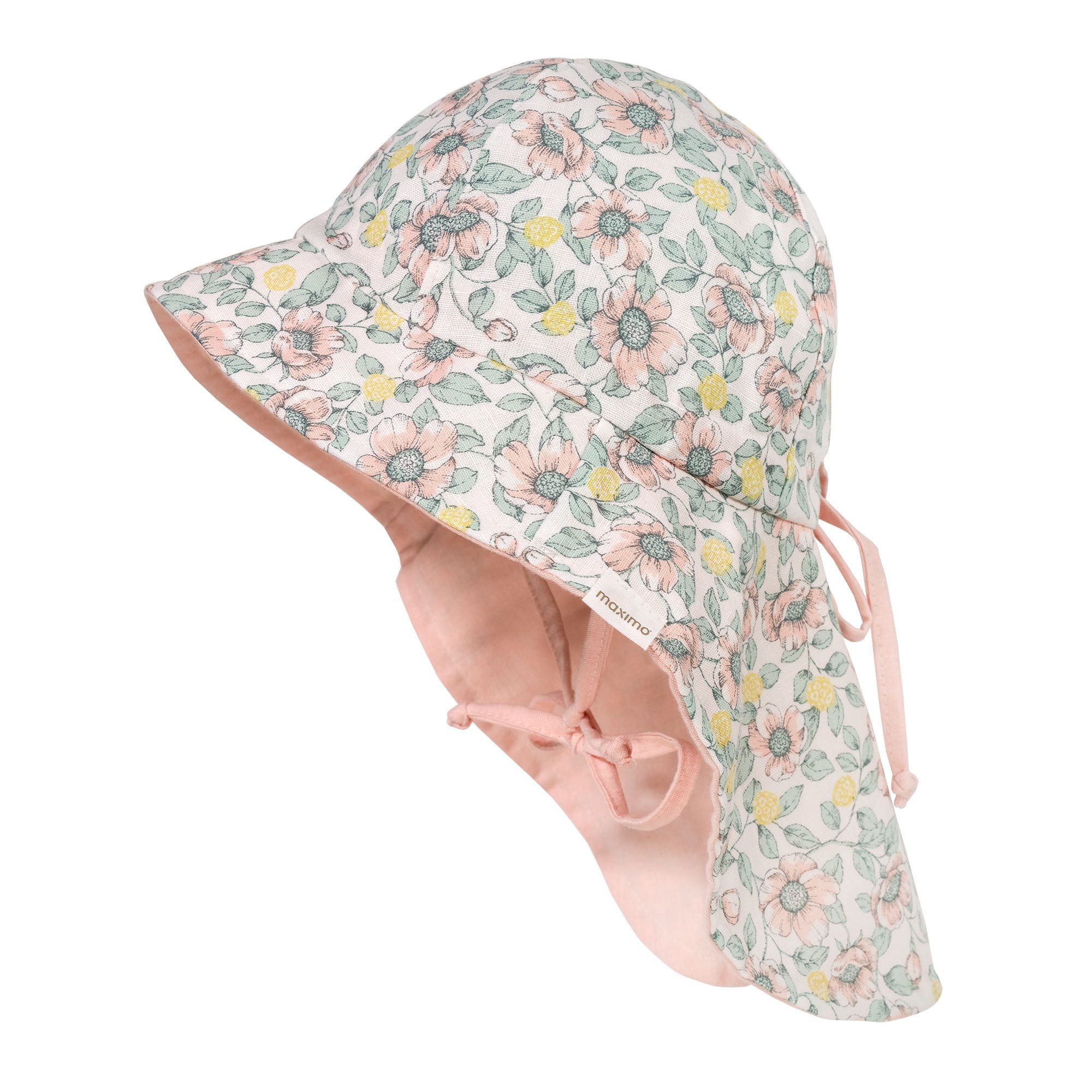 Fischerhut MINI GIRL-Flapper, Leinenoptik Blumen,Band, Nackenschutz, Tunnelzug