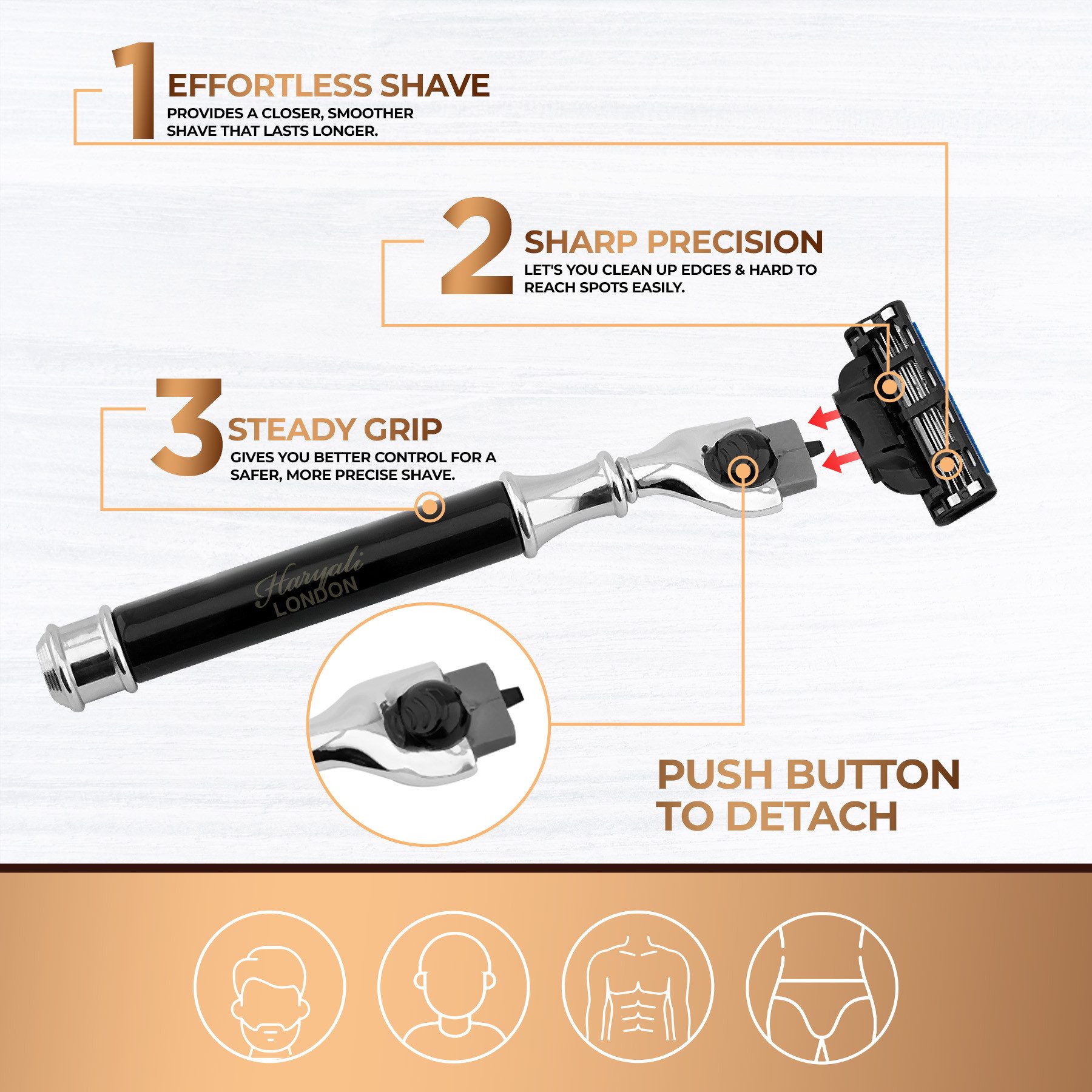 Haryali London Nassrasierer 3-Klingen-Rasierer für Unisex, Smart Grip, Bartrasierer schwarz, Pack, Rasierapparat mit abnehmbarer Klinge und messing-silbernem Griff, Abwaschbarer, rutschfester Griff. Passt auf alle Mach 3-Rasierer.