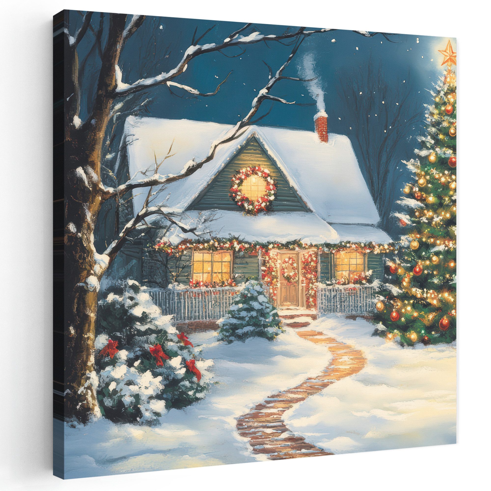 OneMillionCanvasses® Leinwandbild Weihnachten - Weihnachtsbaum - Winter - Zuhause - Schnee, Fotodruck (1 St), Wandbild, Deko Schlafzimmer Wohnzimmer Flur 20x20 cm