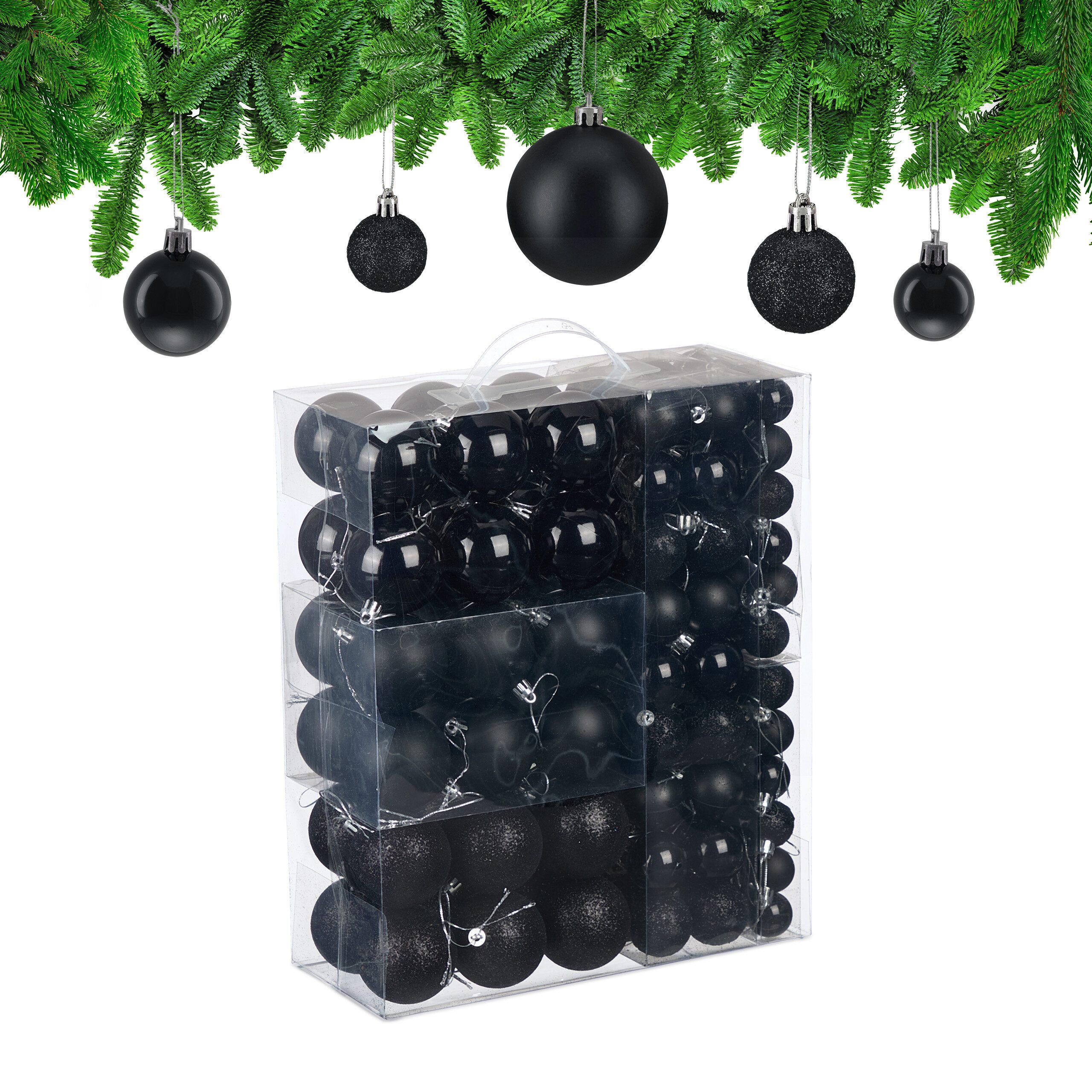 relaxdays Weihnachtsbaumkugel Weihnachtskugeln 138er Set, Schwarz