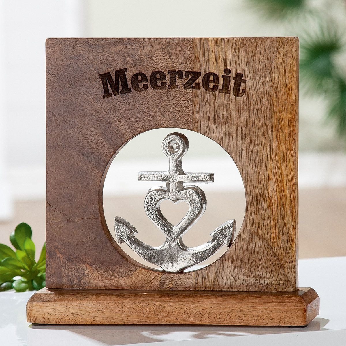 GILDE Dekoobjekt Holz Standrelief "Meerzeit" aus Mangoholz, Anker aus Aluminium
