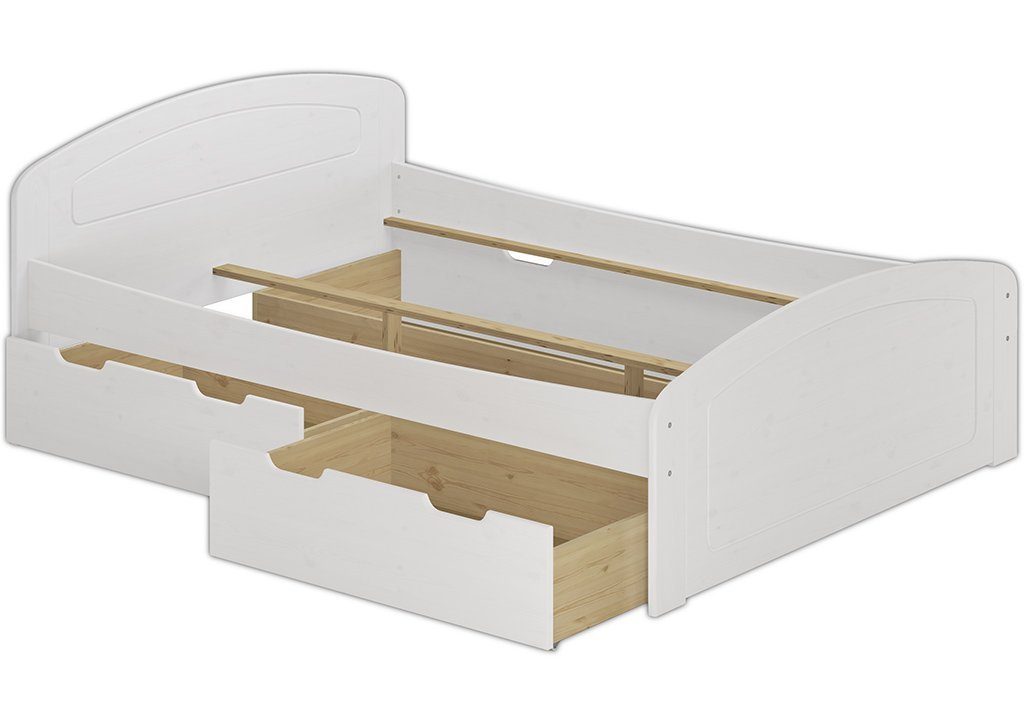ERST-HOLZ Bett Doppelbett 200 x 200 Kiefer Weiß + 3 Bettkästen ohne Rost, Kieferwaschweiß