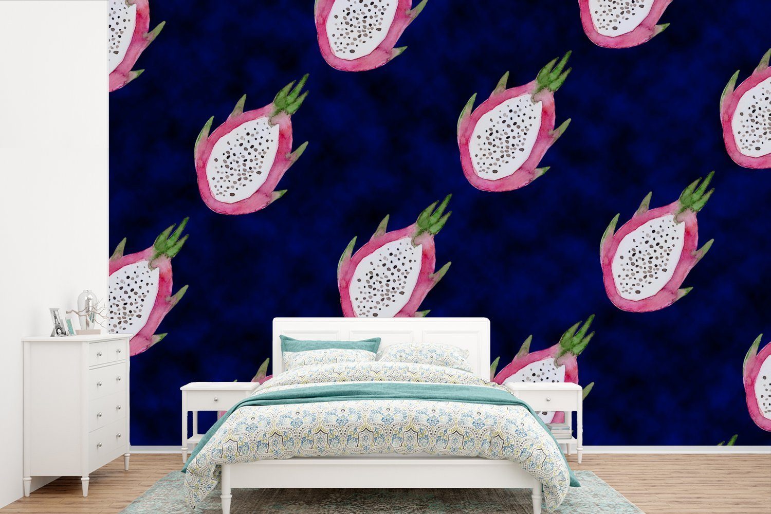 MuchoWow Fototapete Drachenfrucht - (6 für bedruckt, Blau, Vinyl Wallpaper Tapete St), Wohnzimmer, Schlafzimmer, Matt, Kinderzimmer