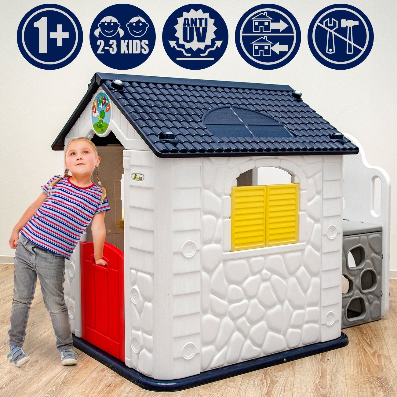 LittleTom Rutsche Kinder Spielhaus mit Rutsche Kinderhaus ab 1 Jahr, Spielhaus + Tisch + 2 Hocker