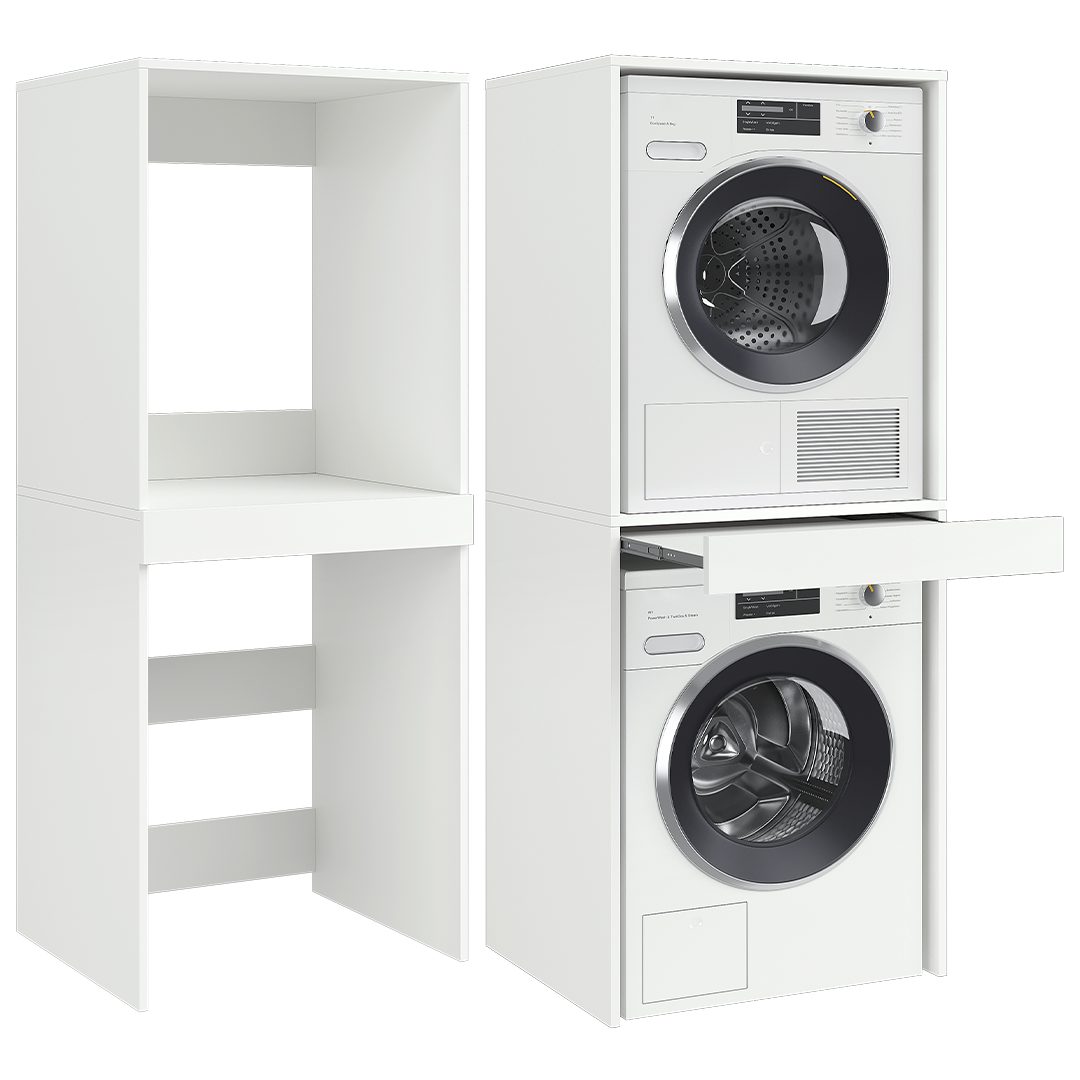 Bellamio Waschmaschinenumbauschrank Vist, Waschturm für Waschmaschine & Trockner mit ausziehbarer Ablage (187 x 65 x 66 cm (HxTxB), weiß) Hochschrank kompatibel mit Standardgeräten, mit Wandanschluss