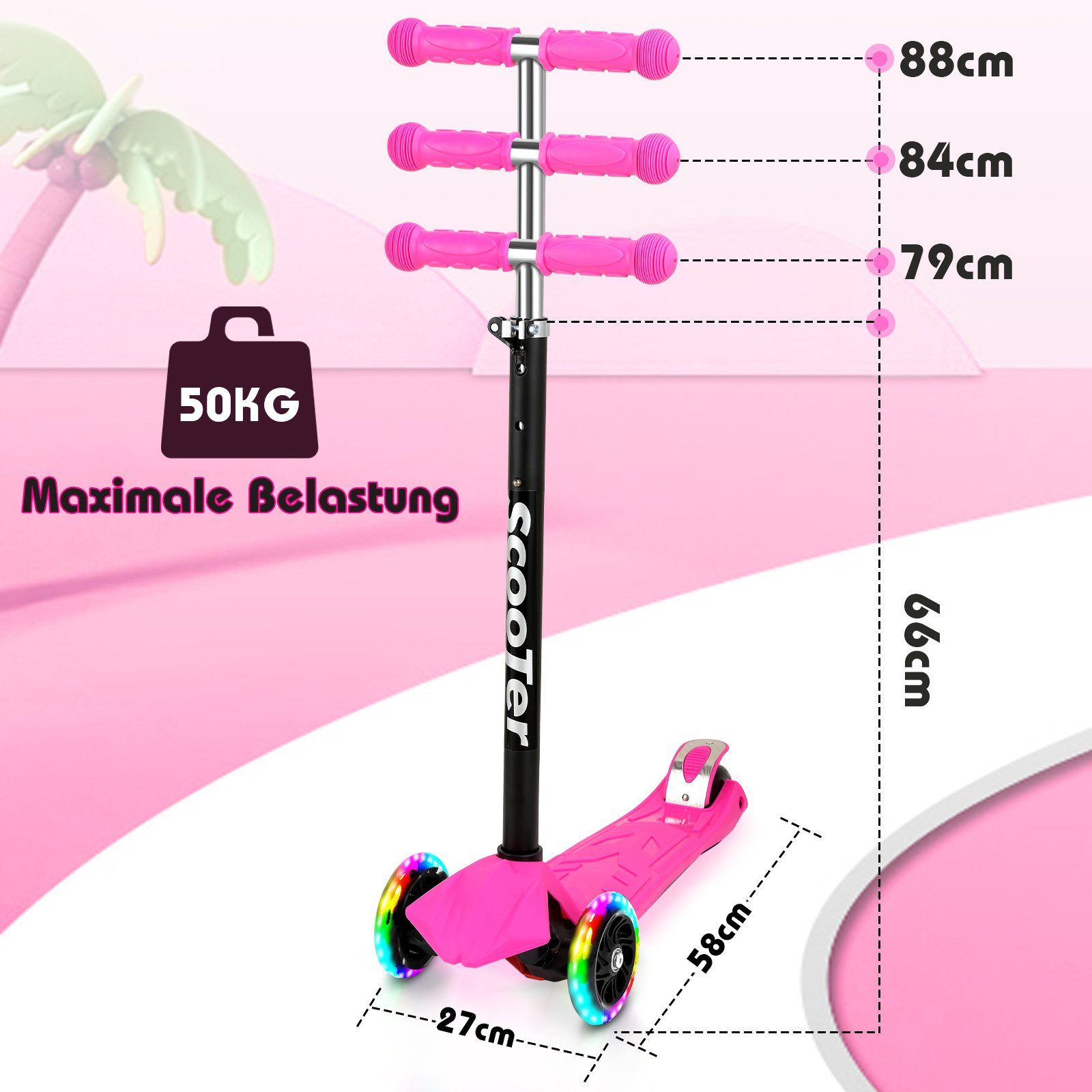 Gimisgu Scooter Kinderroller Tretroller Rosa Räder LED Cityroller Höhenverstellbar