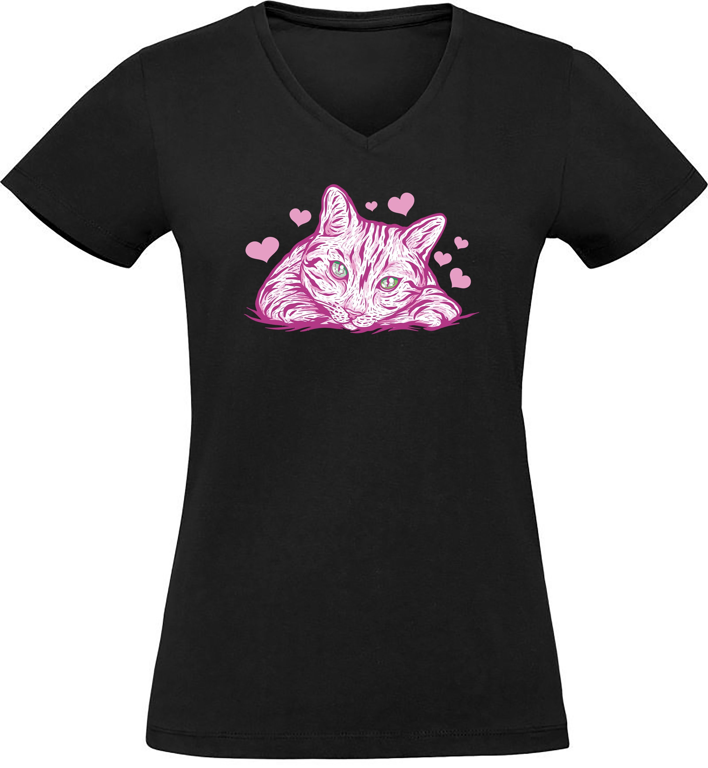 Fit, schwarz Katze i122 bedruckt MyDesign24 - Katzen T-Shirt Aufdruck, Print mit Slim Baumwollshirt mit Herzen Damen Shirt Pinke