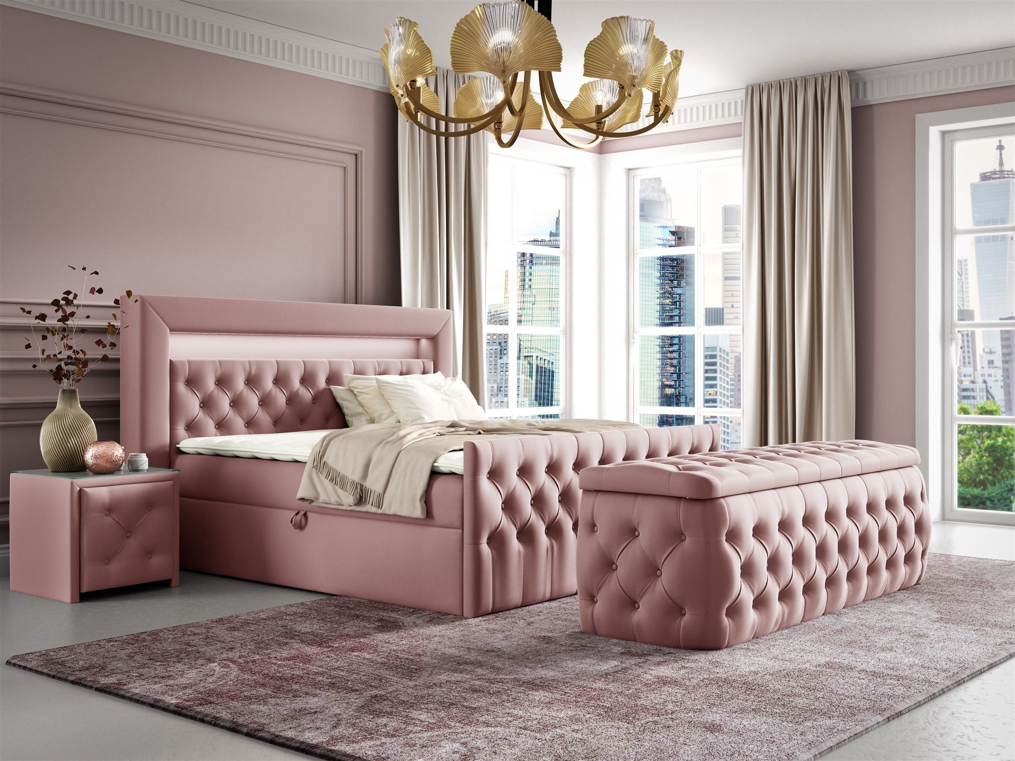 Fun Möbel Boxbett Schlafzimmerbett ERNESTO Nr.4 in Stoff Elisa Velvet (inkl. Topper, inkl. Bettkästen), inkl. 2 x Nachttisch mit Glasplatte, Polsterhocker und LED-Beleuchtung