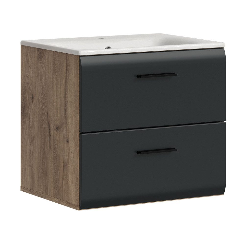 xonox.home Waschbeckenunterschrank Waschtisch Ice inkl. Waschbecken, Nox Oak / schwarz matt (1-St) Badmöbel