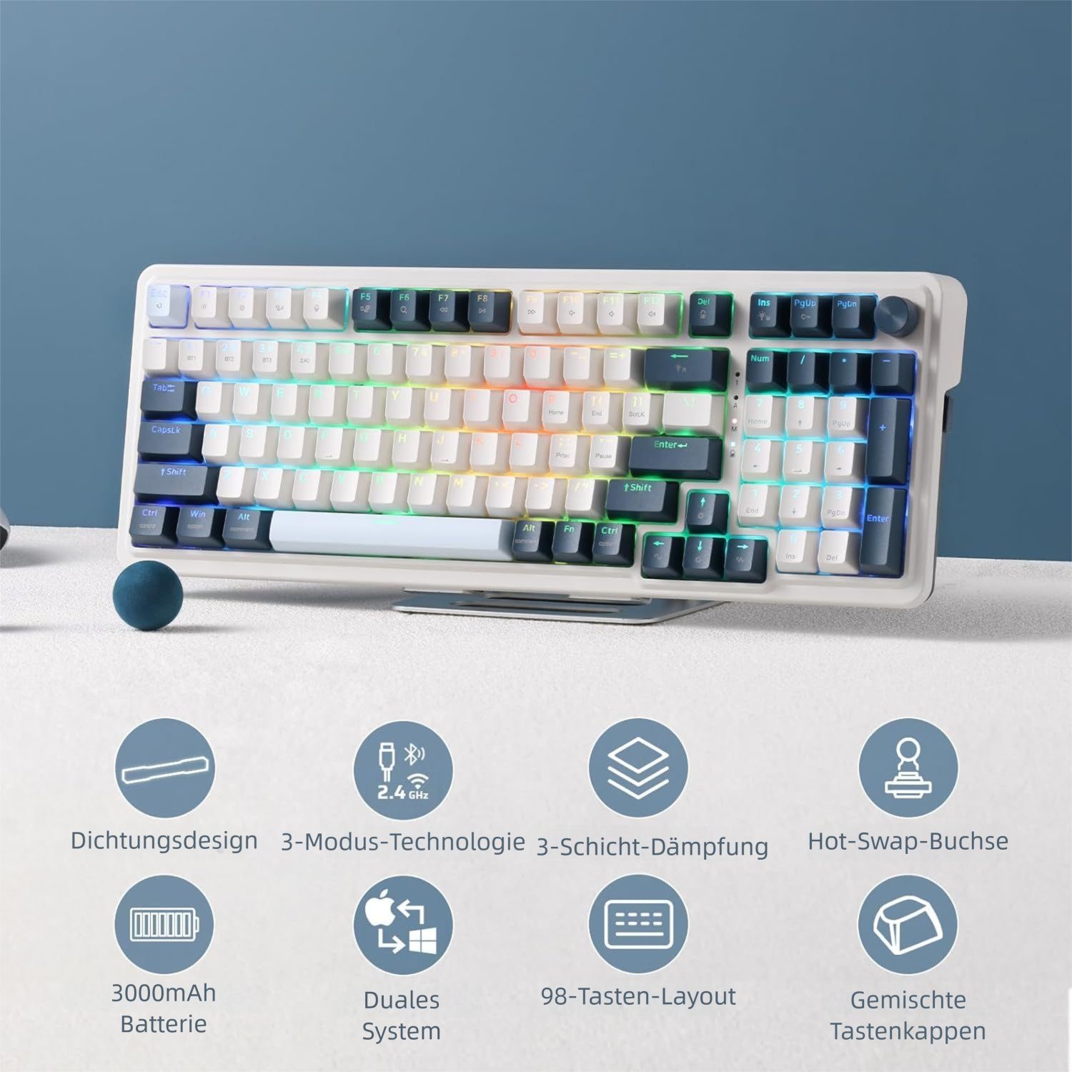 Redragon K686 Mechanische RGB Tastatur, Rote Schalter, Weiß Farbmix Gaming-Tastatur (3-Modus (2,4GHz/BT/Kabel), Hot-Swap, GASKET Design & 98 Tasten) – Bild 3 von 5