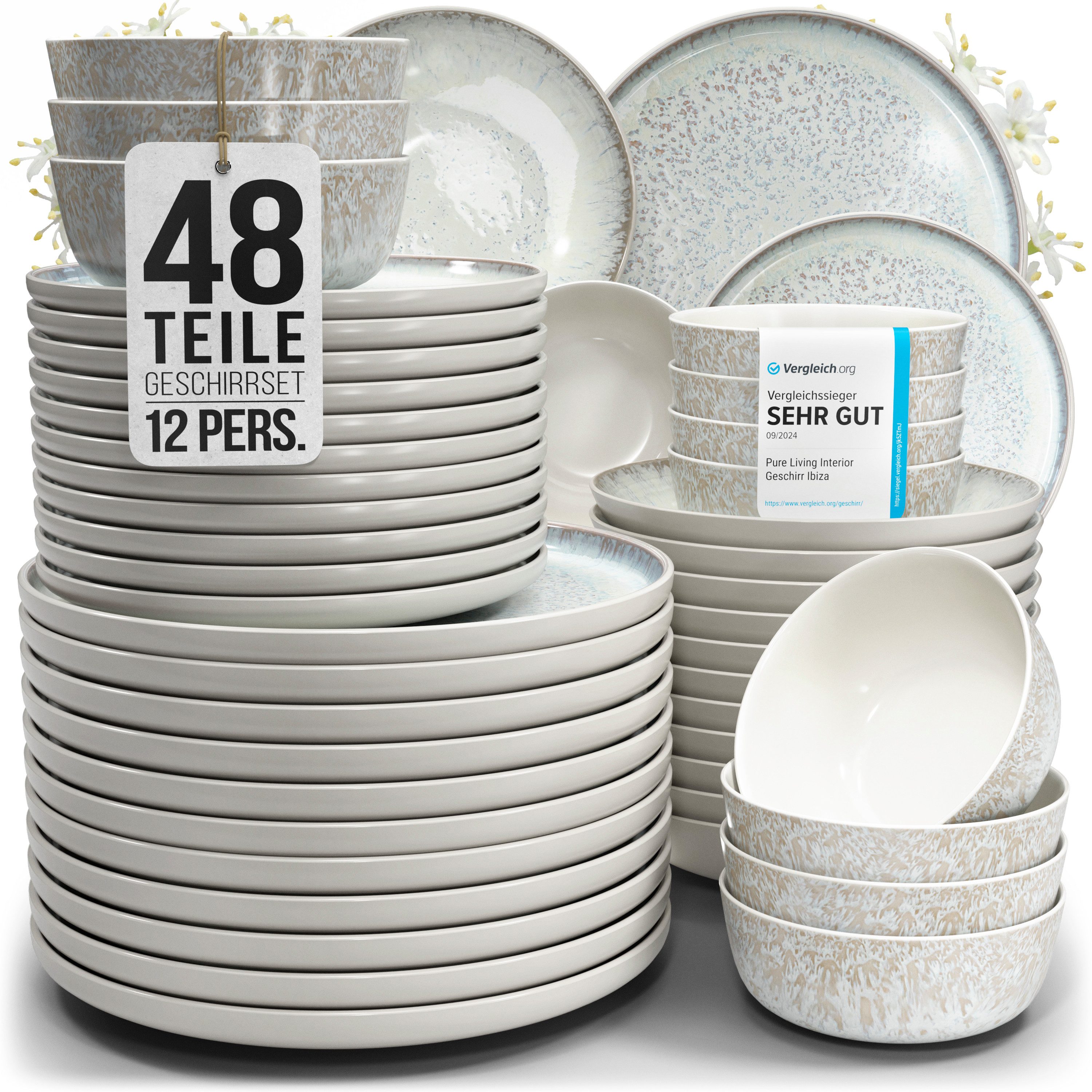 PURE LIVING INTERIOR DESIGN Geschirr-Set Ibiza aus Steingut, 48-tlg., für 12 Personen, Beige (48-tlg), 12 Personen, Steingut