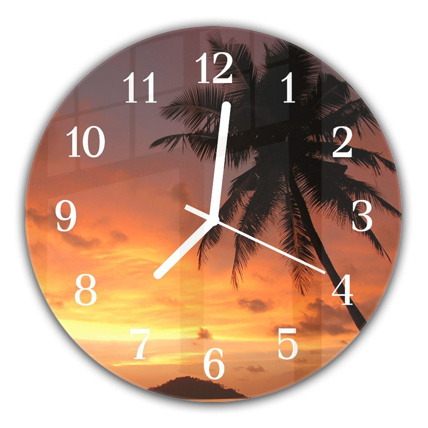 mit Quarzuhrwerk Sonnenuntergang mit Palmen Durchmesser unter 30 und aus cm - Wanduhr Wanduhr Motiv Glas Rund Primedeco