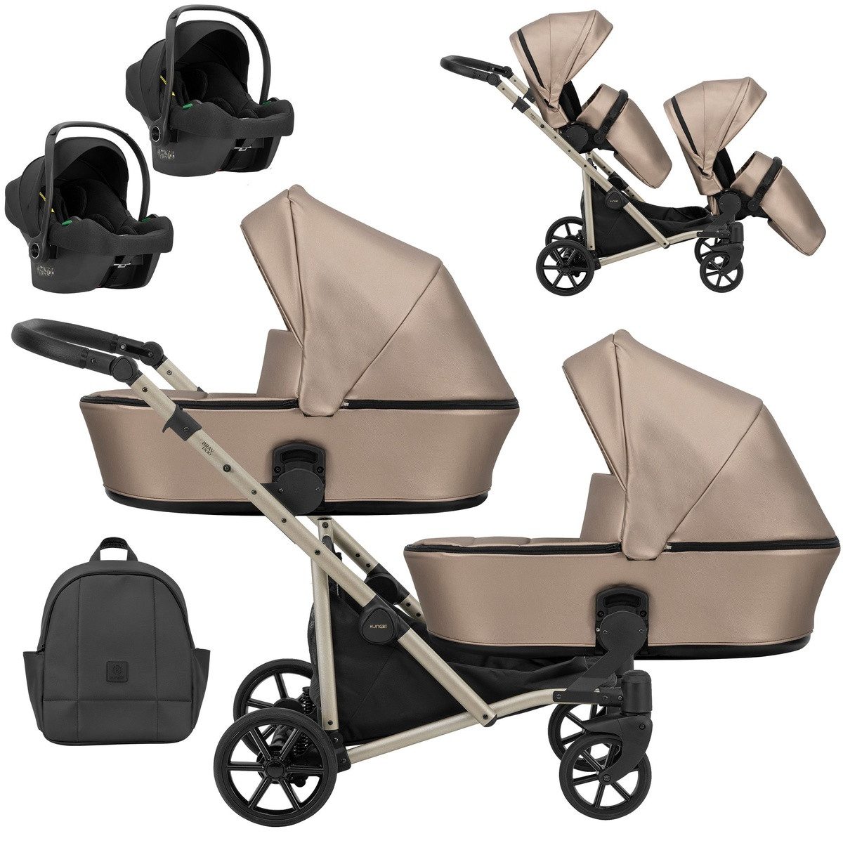 KUNERT Zwillings-Kombikinderwagen BRAV DUO 3in1 Öko-Leder Doppelkinderwagen mit Gelrädern, 12 Konfigurationen, kompakt zusammenklappbar