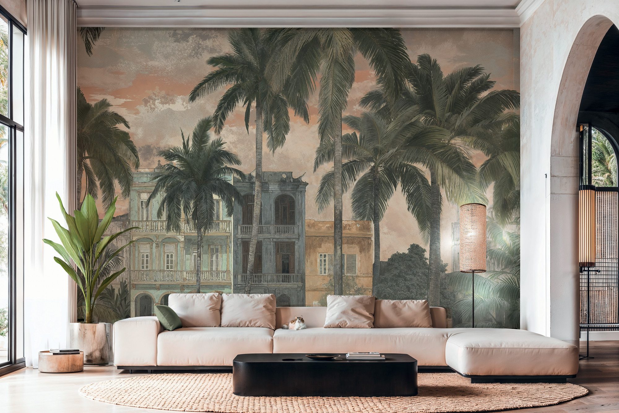 A.S. Création Vliestapete Cuba II Vintage Havana Palms Fototapete, leicht strukturiert, 3D-Optik, Stadt, floral, Tropisches Stadtmotiv mit Palmen und architektonischem Flair