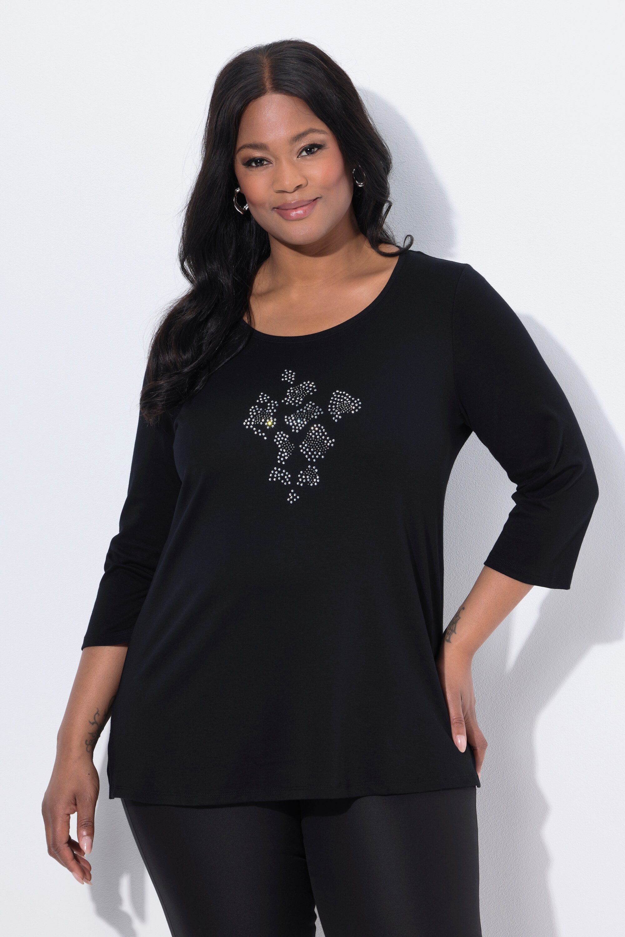 Ulla Popken T-Shirt Shirt Ziersteine A-Linie Rundhals 3/4-Arm günstig online kaufen