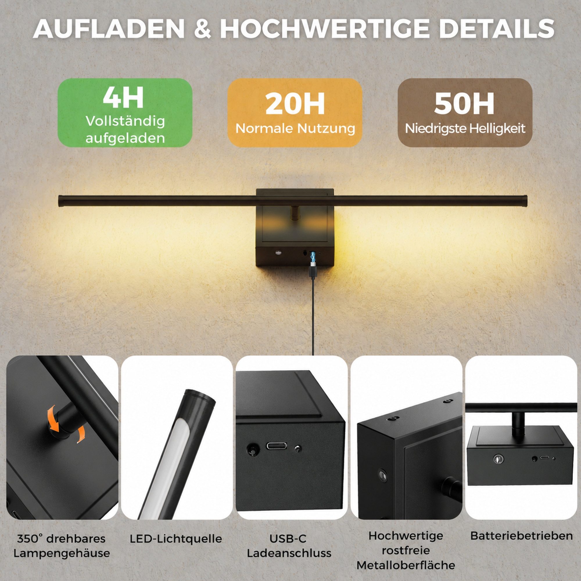 LOHAS-LED LED Wandleuchte Metall-Streifen-Stimmungslicht mit linearem Akku-Betrieb, dimmbar, LED fest integriert, Warmweiß, 2er-Set kabellose LED-Wandlampe mit  – Bild 4 von 5