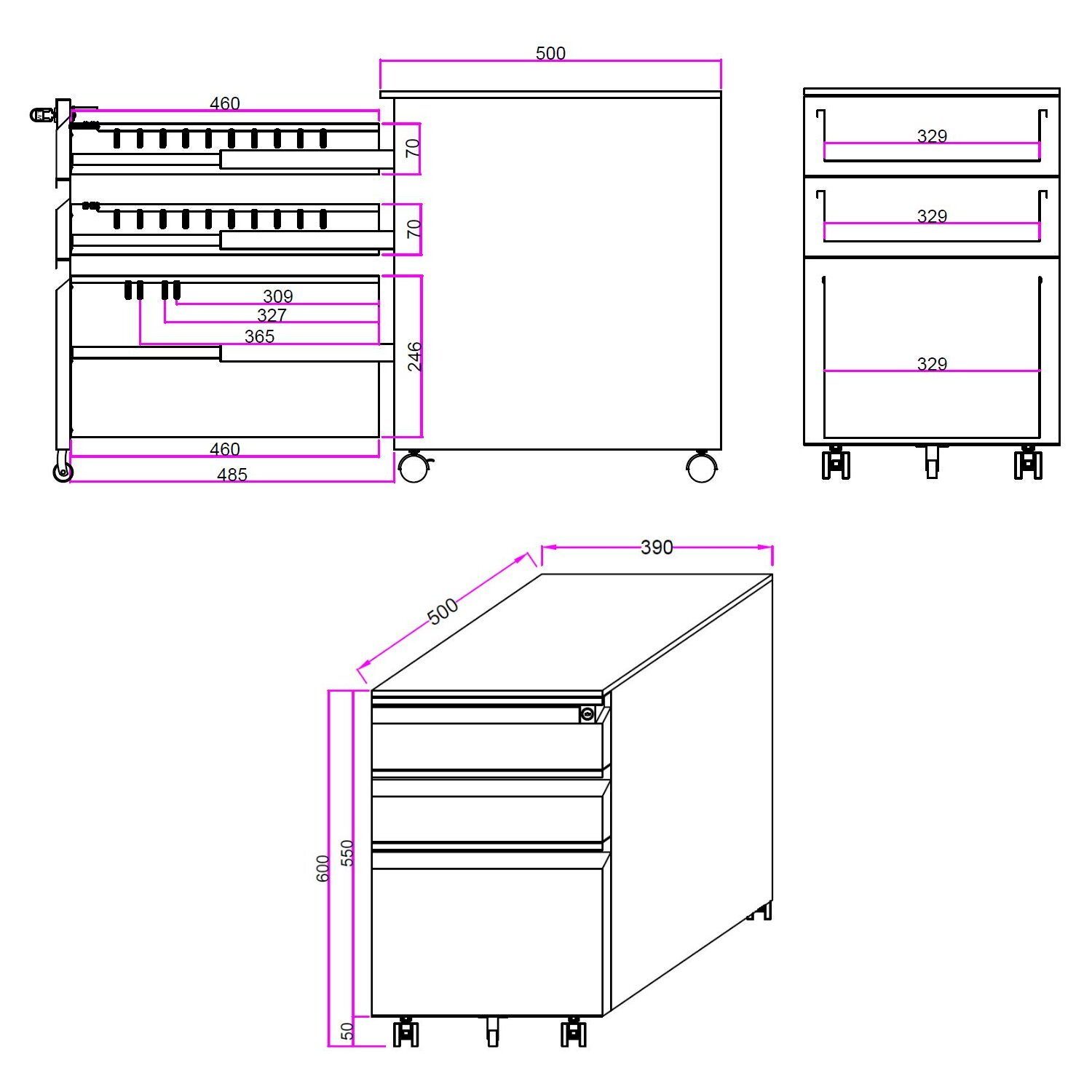 Schreibtisch Schwarz Rollcontainer COLOR Rollcontainer OFFICE Stahl, OS hjh Schubladenschrank
