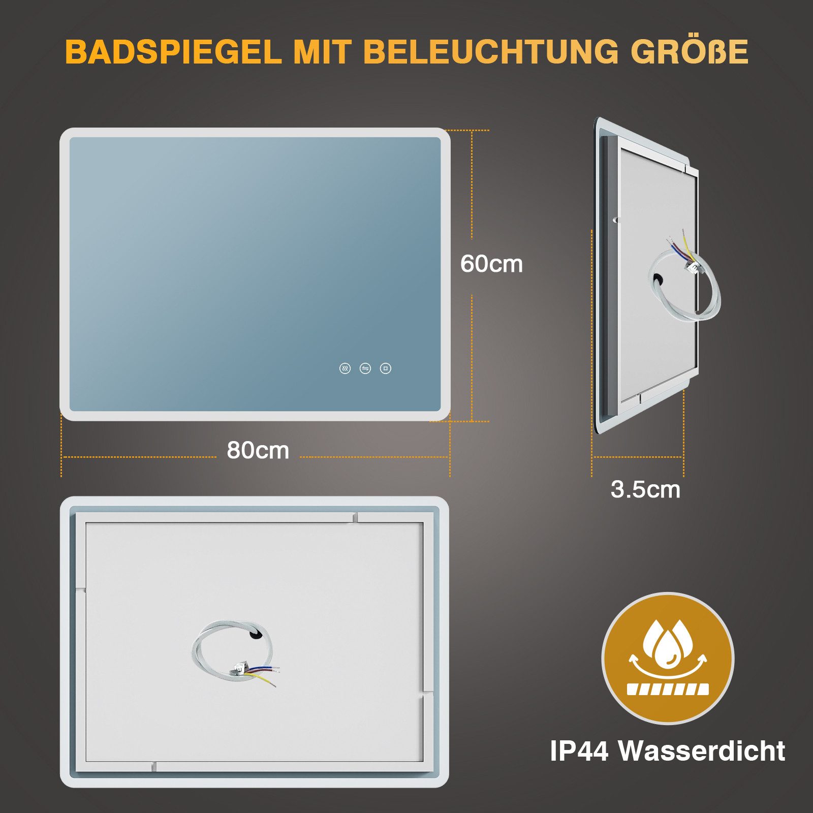 PESENXAN Badspiegel mit Beleuchtung 80 x 60 cm, LED Badezimmerspiegel, Dimmbar (1-St), Antibeschlag, 3 Lichtfarben, IP44, Speicherfunktion