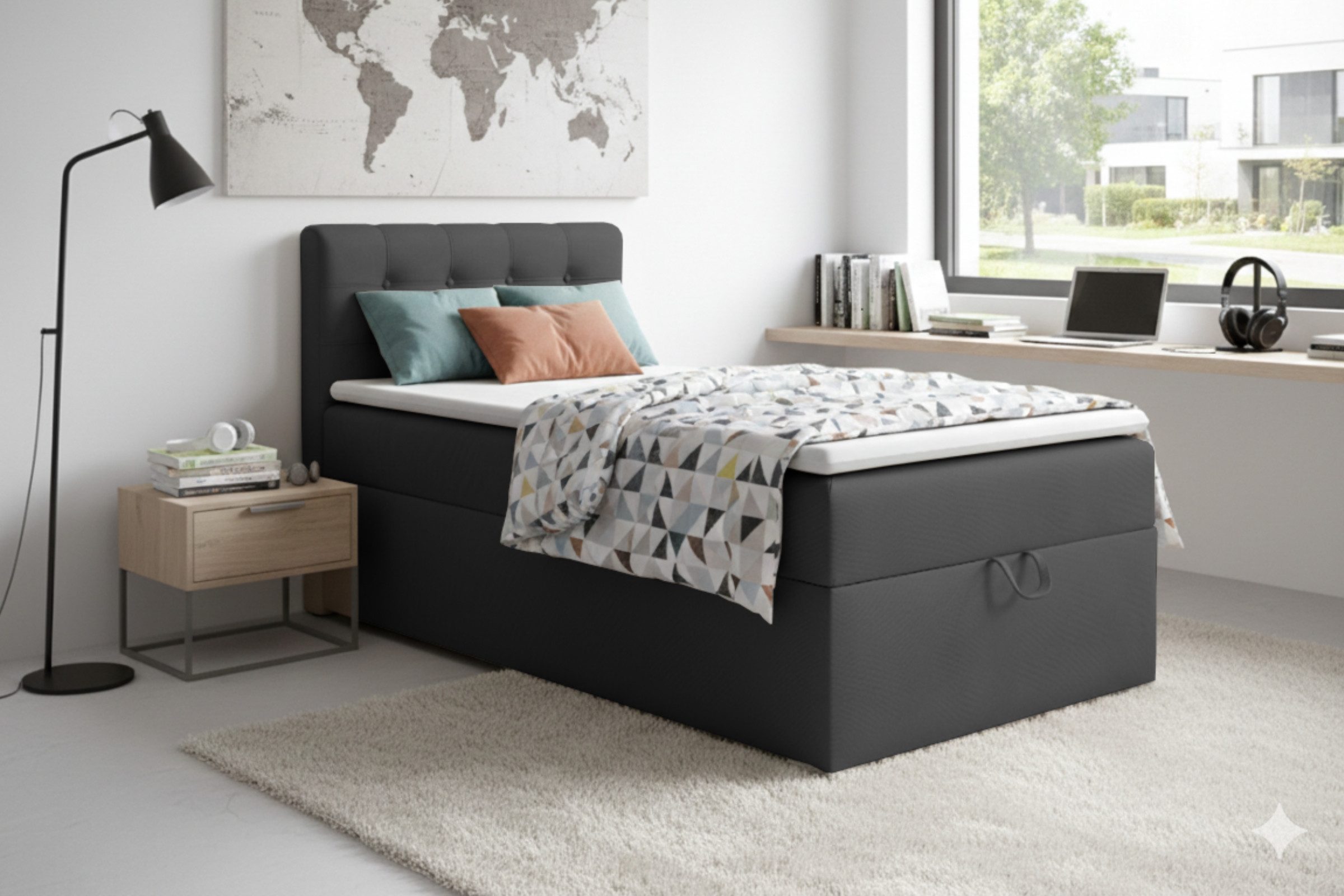 Deine Möbel 24 Boxspringbett TEEN 3 Bett für Teenager Jugend Jugendbett Einzelbett (Jugendzimmer Beige Grau Hellgrau Grau Anthrazit Schwarz, 3-St., Bonellfederkern-Matratze H3 Taschenfederkern-Matratze H4), 90x200 100x200 Polsterbett Velours