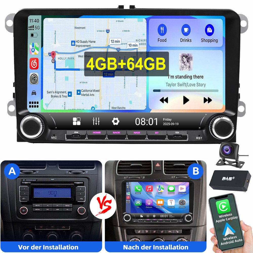 ESSGOO Für VW Golf 5 6 Plus Jetta Touran Caddy Tiguan Carplay Android 15 Autoradio (RDS, Digitalradio (DAB), FM, Carplay Android Auto Navi WIFI BT EQ)