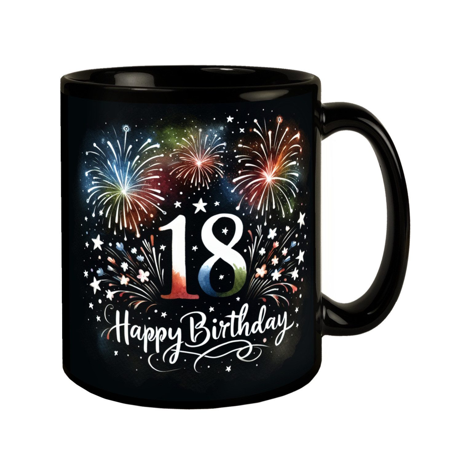Tasse 18. Geburtstag Feuerwerk Tasse in Schwarz mit Spruch Happy Birthday 18