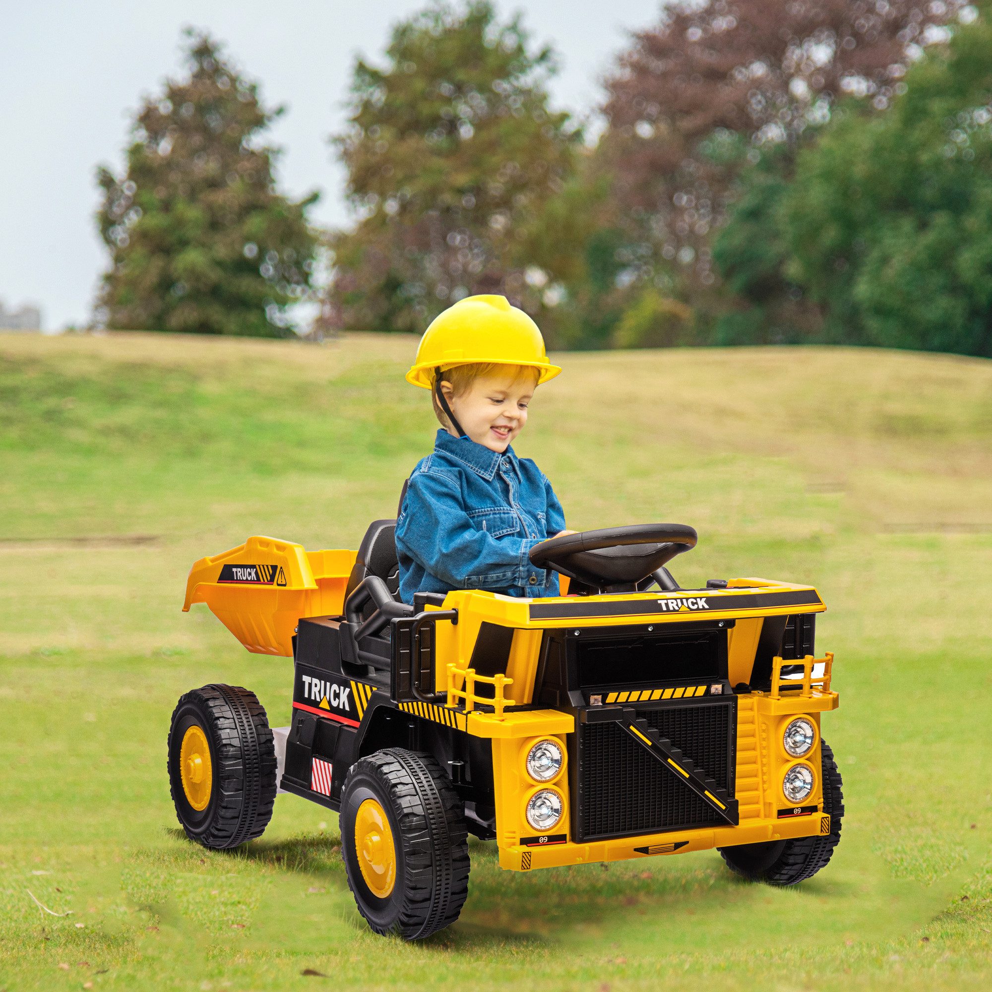 AIYAPLAY Elektro-Kindertraktor 12 V, mit Schaufel, MP3 Funktion, Scheinwerfer, Belastbarkeit 25 kg, (1-tlg), 3-6 km,h, für 3-5 Jahre Kinder, Gelb