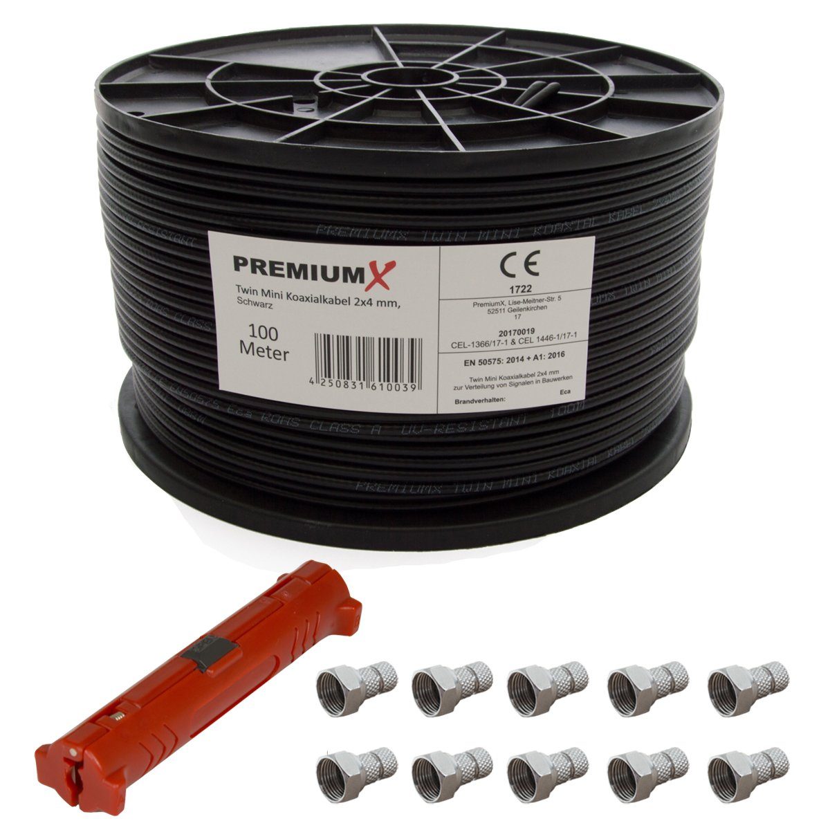 Meter Kabel Mini 2x SAT-Kabel Twin PremiumX + 4 Abisolierwerkzeug Schwarz Sat 90dB 100 mm