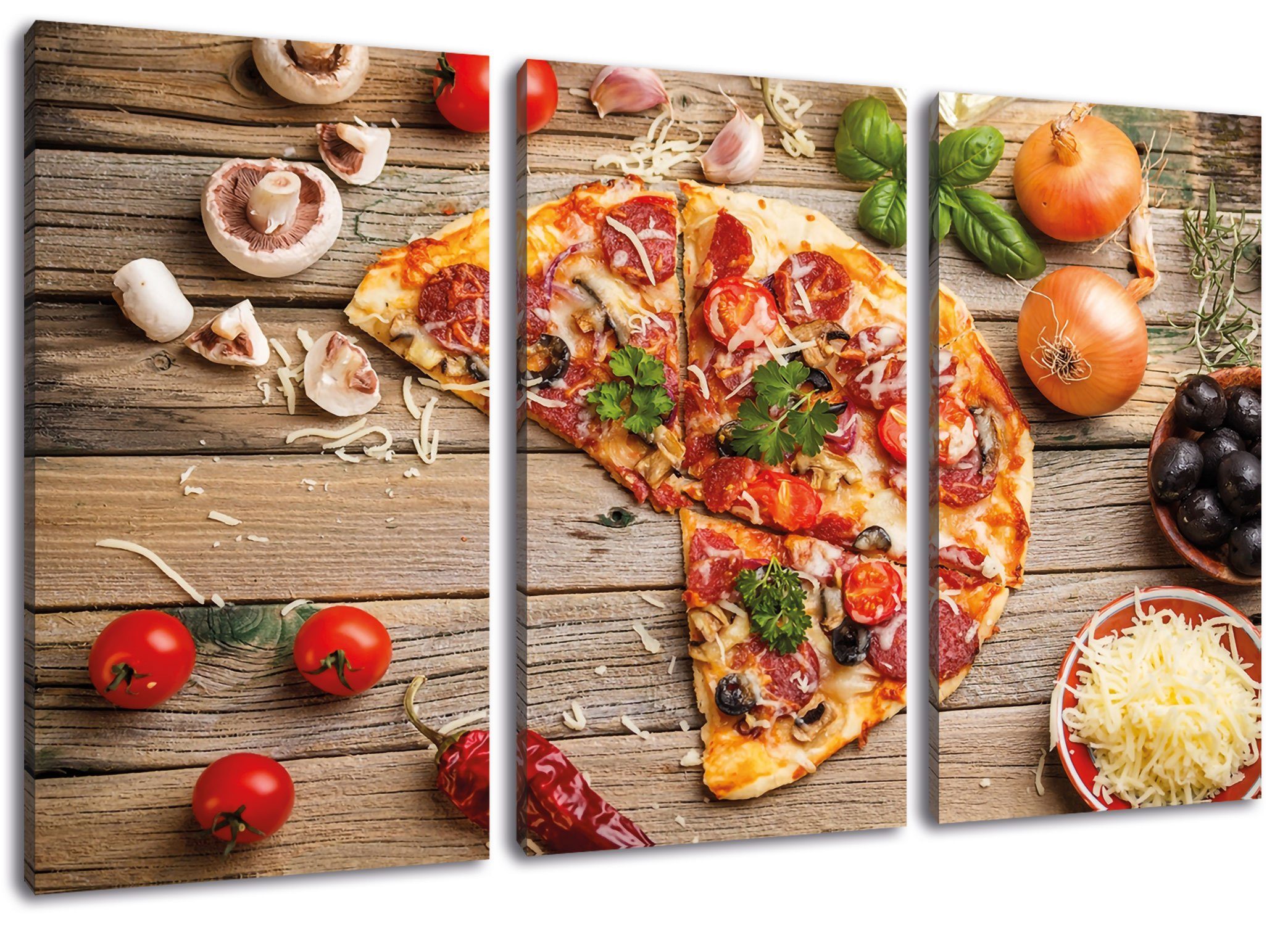 Pixxprint Leinwandbild Pizza Italia auf Holztisch, Pizza Italia auf Holztisch 3Teiler (120x80cm) (1 St), Leinwandbild fertig bespannt, inkl. Zackenaufhänger