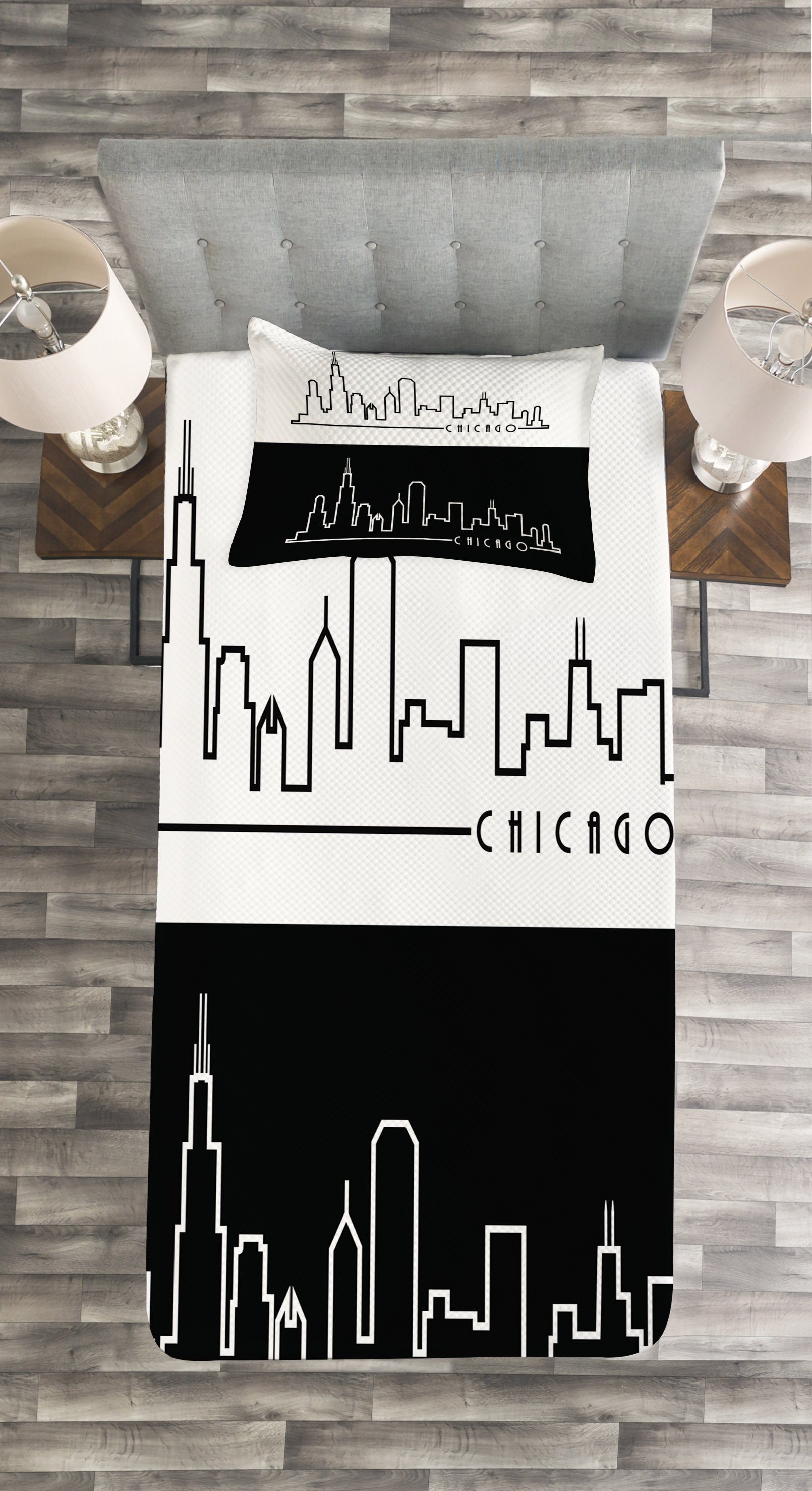 Set Chicago Kissenbezügen Tagesdecke Stadt Skyline Waschbar, Minimalist mit Abakuhaus,