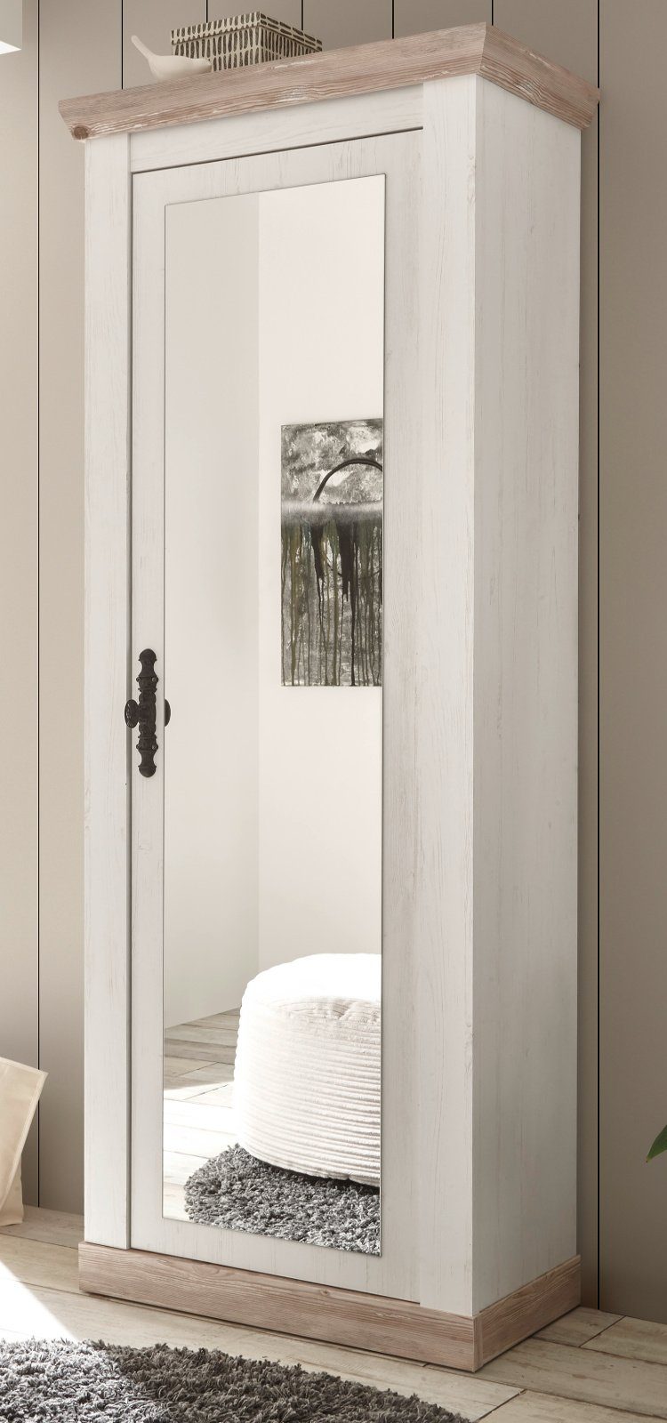 Furn.Design Шафиschrank Rovola (Schuhschrank in Pinie weiß, 73 x 201 cm) mit großer Spiegeltür variable Inneneinteilung