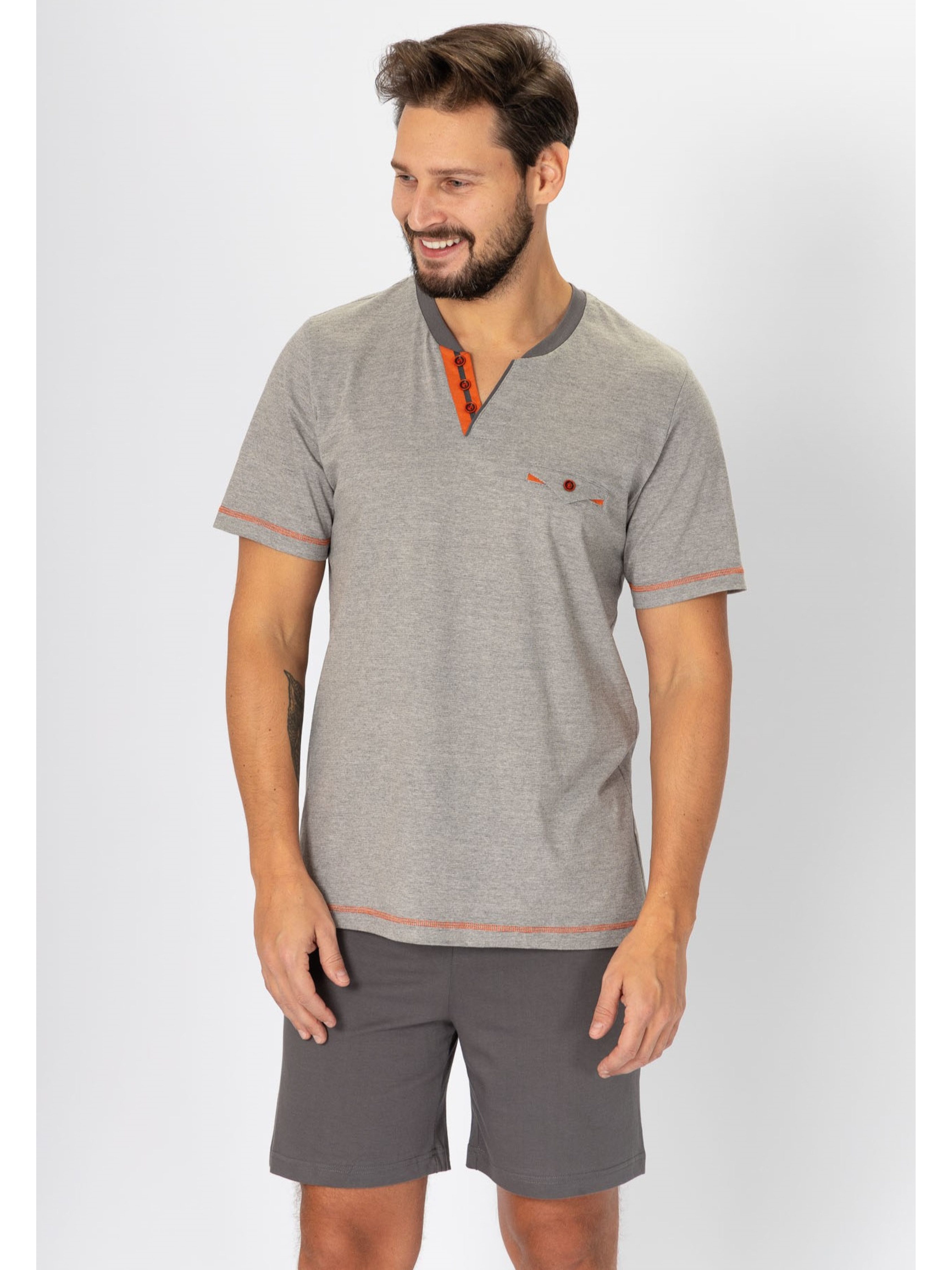 HOTBERG Shorty Pyjama Herren kurz Baumwolle (2 tlg) Grau-Grafit Nachtwäsche mit Kontrastnähten