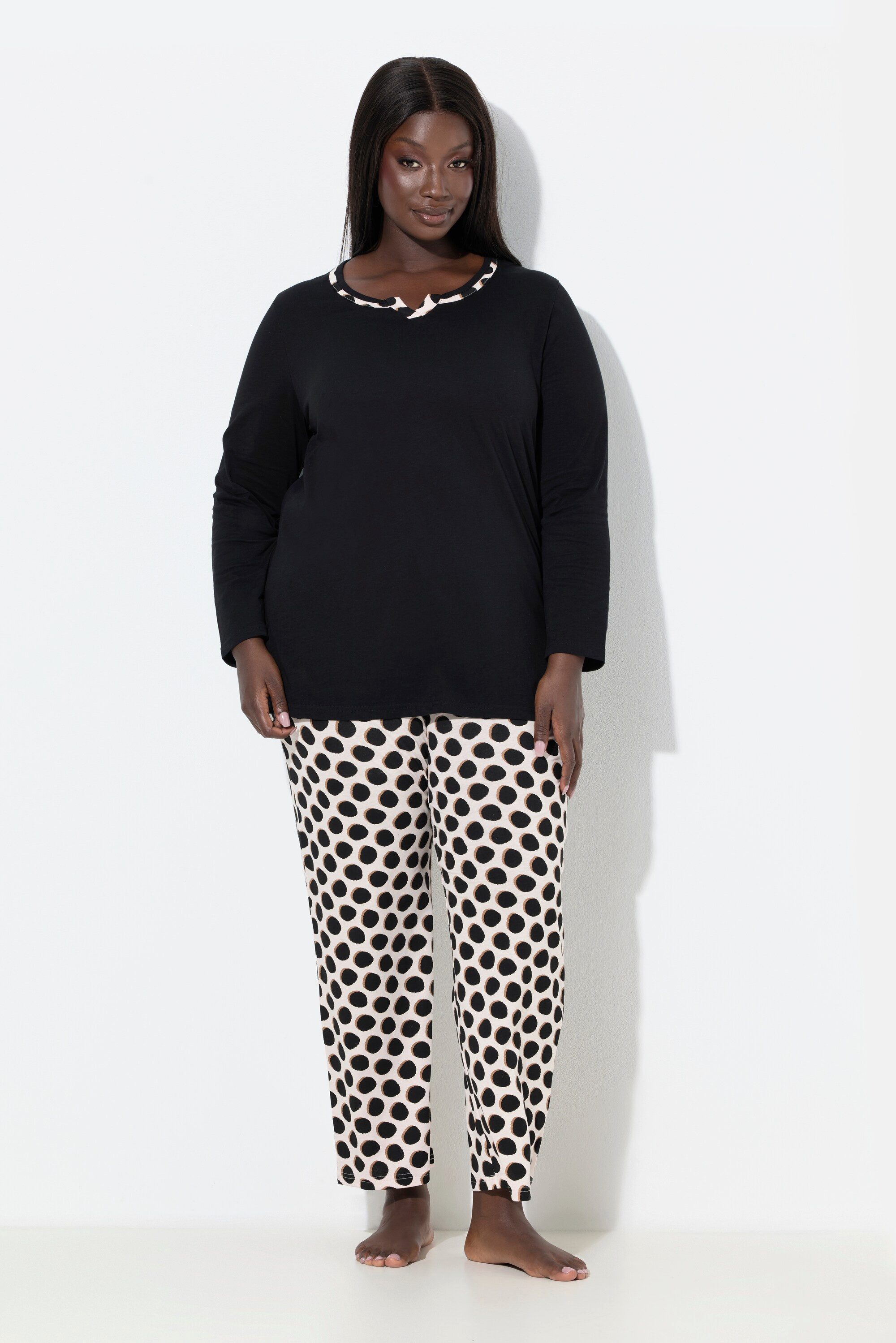 Ulla Popken Pyjama Pyjama Punkte Rundhals Langarm Taschen