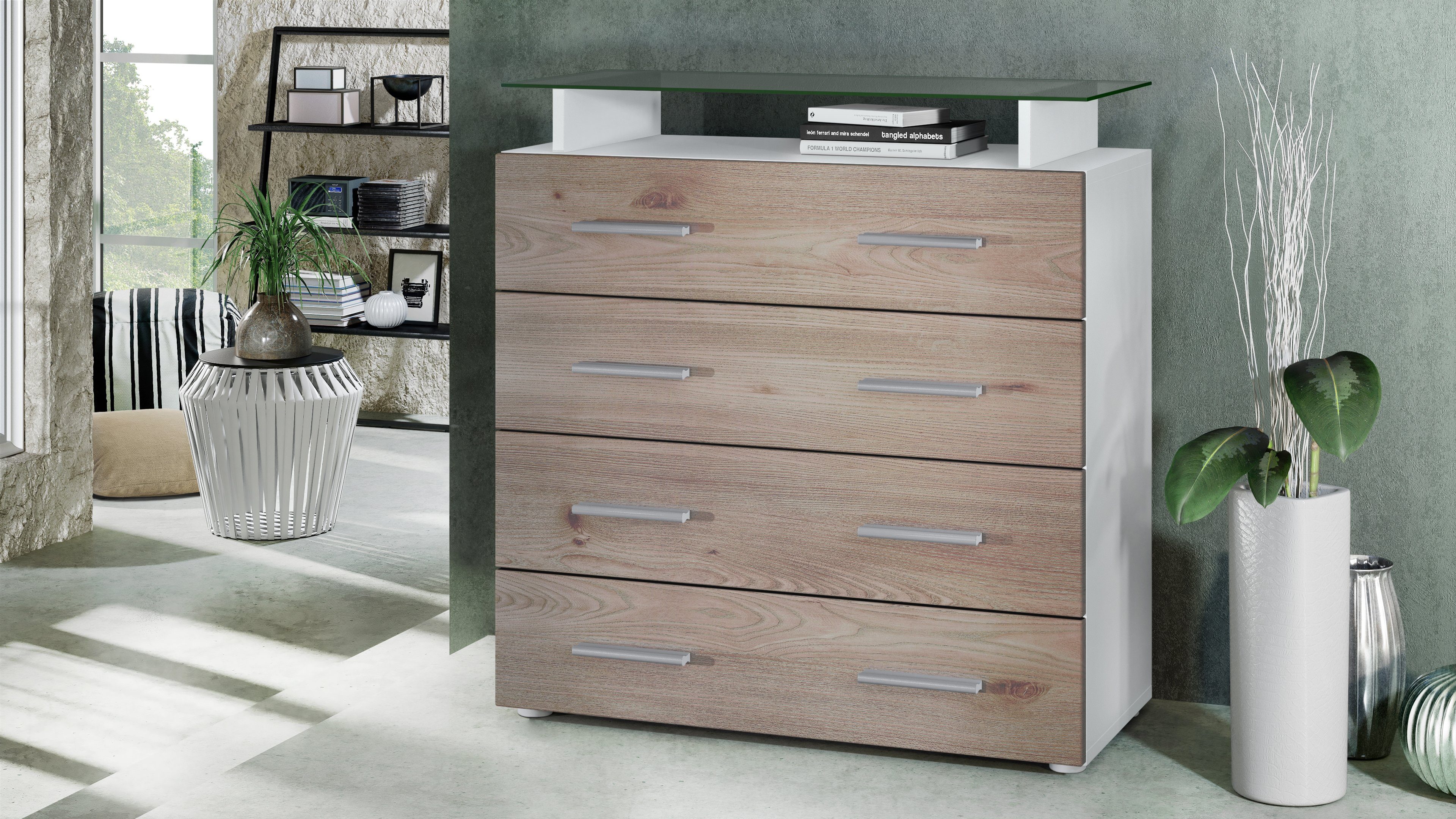 Vladon Kommode Pavos V2 (Kommode, mit 4 Schubladen und Glasablage), Weiß matt/Eiche Nordic (76 x 81 x 35 cm)